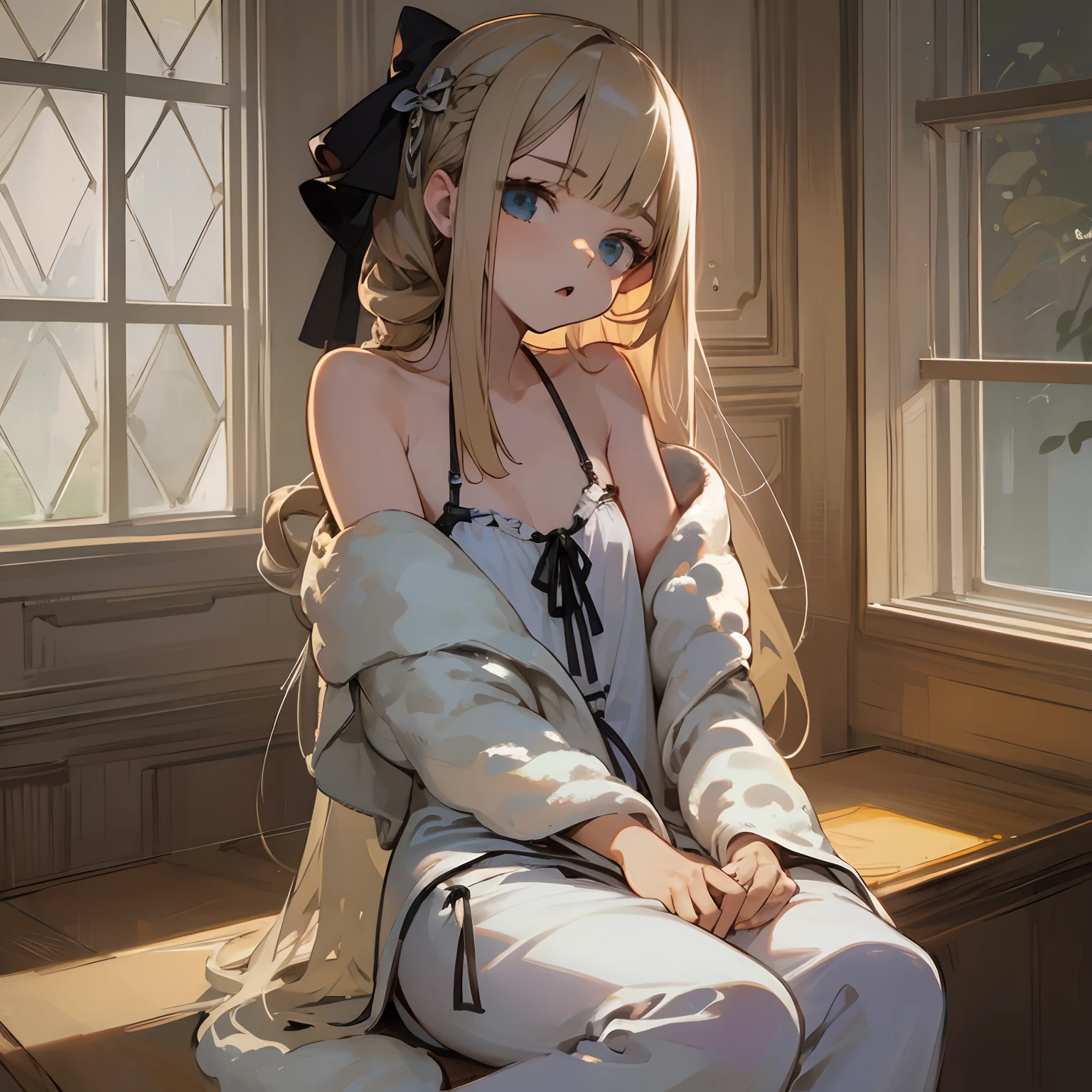 Reines, 1girl, high quality, best quality, illustration, masterpiece, (highly detailed:1.2), (extremely detailed:1.3), flat chest, bare shoulders, young girl, boa fleece loungewear, white pajamas, string ribbon, shortpants, braid, petite, , in a house