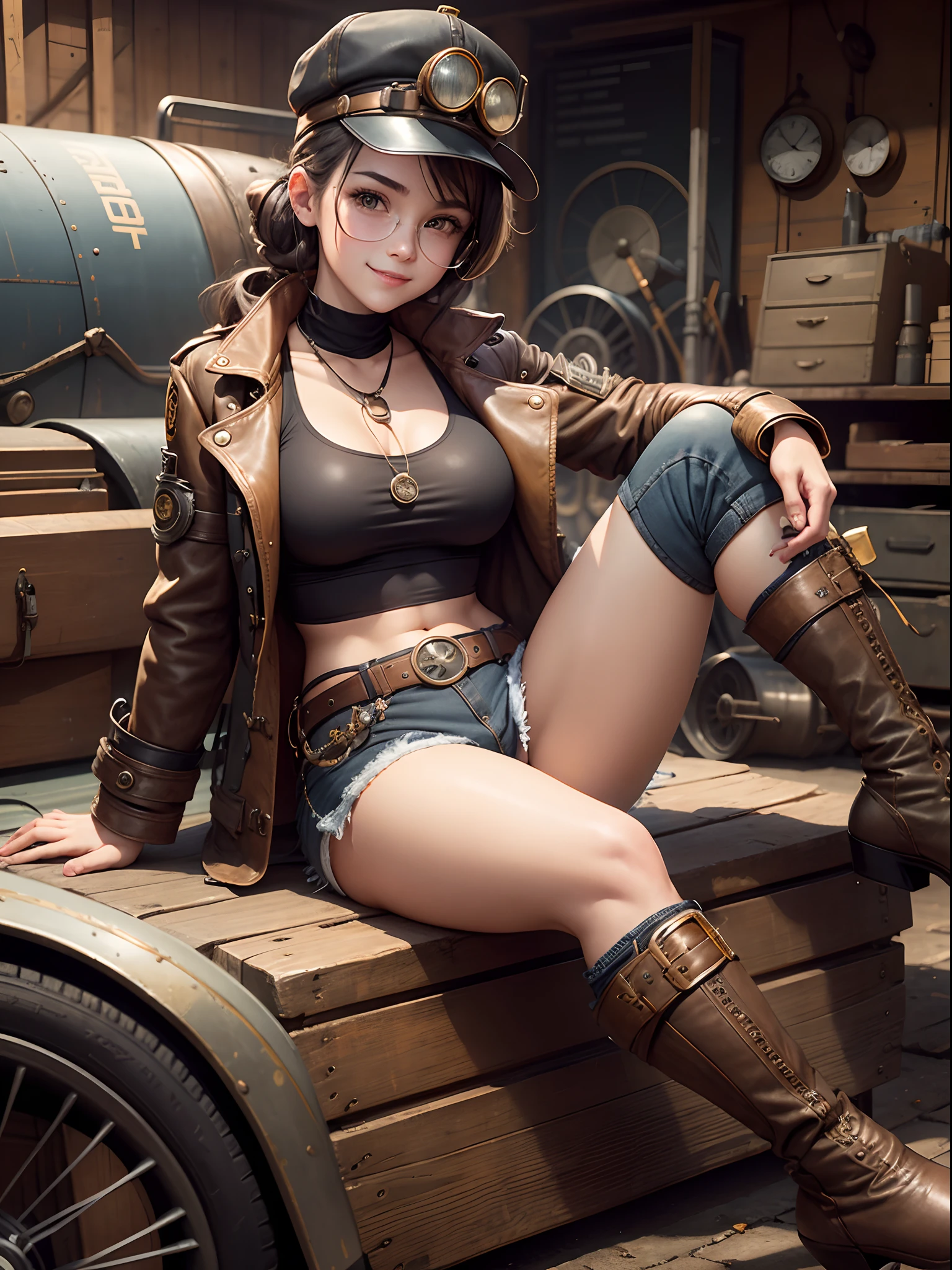 Steampunk, vintage, jacket, young girl, skiing goggles, monocle, black denim shorts, multiple belts, smiling,(( garage)), black sports bra, cap, sitting