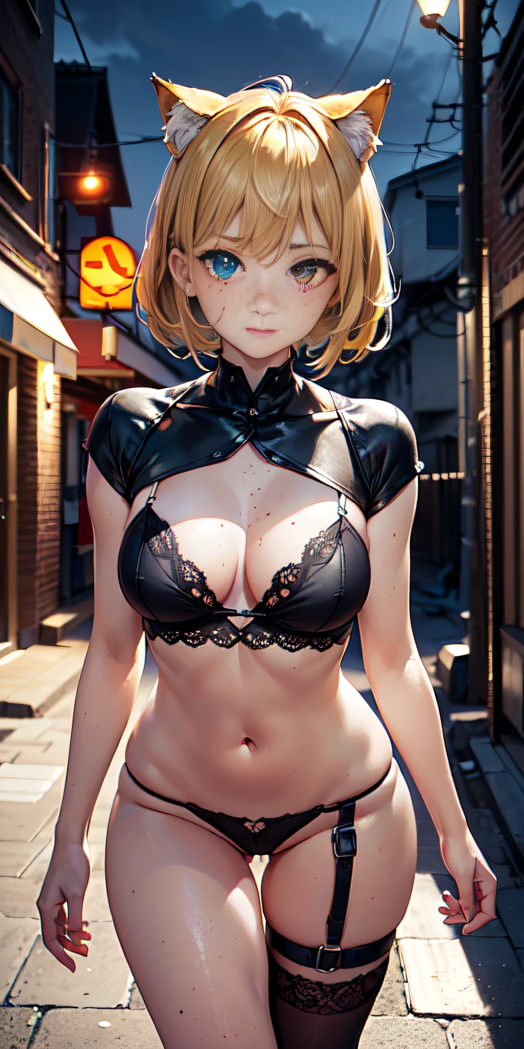 Cowboy shot, realistic, (((Hungarian woman 18 years old, Little Cat Loli walking on the street))),(((Slim Cat Girl))), (((Big cat style ears on head))) , (((rounded medium chest))),(((blonde hair: 1.35 messy, Dyed inner hair))),((eyes: yellow and orange heterochromia, Beautiful eyes with intricate details)),(((freckles on the face))),(((Lustrous skin:1.3, shiny skin:1.2))), (Delicate and detailed fingers, Detailed body, human hands,(Detailed face)), Cute, slutty, erotic,(((NSFW) )), Zettai Ryouiki, Show Skin, (((Neon rave shirt, Black rave miniskirt, Visible thong straps))), (in rave outfit:1.2, half-naked), (Clothes with intricate details), (dynamic pose:1.0 ), Solo Focus, Embarrassed, Centered, Scale to fit dimensions, Rule of Thirds, Outdoor, ((Night View)),(Cyberpunk Night Street, Dark Sky:1.2, Lonely Alley, Thick Clouds, Background Detailed:1.25), (Best Quality), (Sharp Focus),((Intricate Details)),(Very High Quality Illustrations), (((Masterpiece))), Vibrant Colors, High Contrast, Selective Lighting, Dual exposure, HDR (high dynamic range), Post-processing