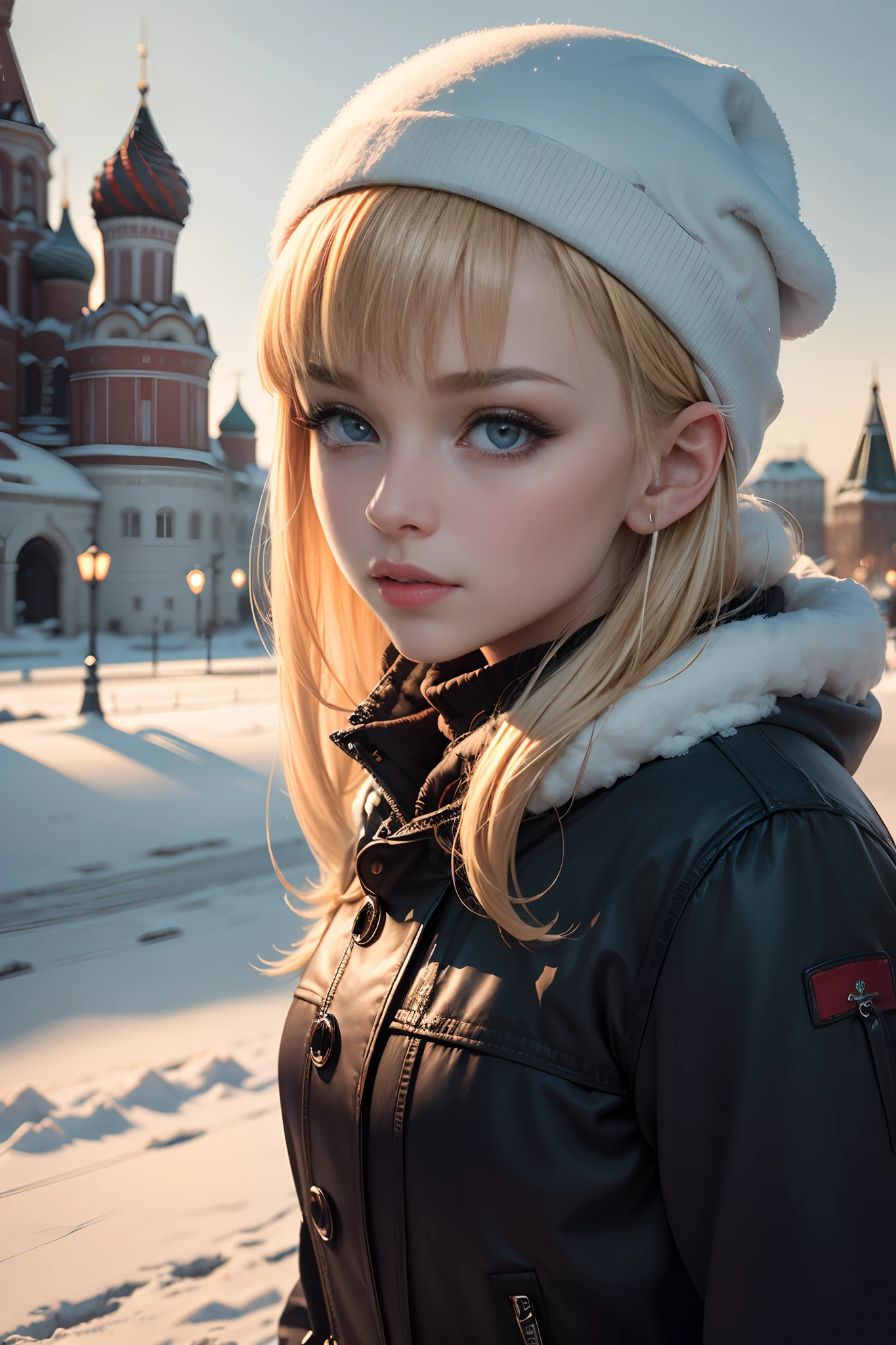An adorable scene featuring a stunning Russian woman,mar1ya with blonde hair and bangs,gracefully posing for a picture in the snow-covered urban landscape of Moscow,with the majestic Kremlin in the background. Capture the contrast between her beauty and the serene,snow-laden cityscape,evoking the enchantment of a Russian winter.,High quality,RAW photograph,detailed background,intricate,highly detailed,sharp focus,high resolution,8k,uhd,dslr,