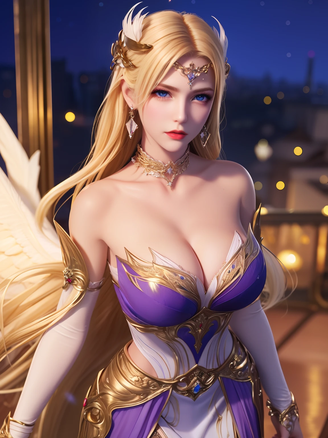 1girl,mature female,looking at viewer,cityscape,night,hair ornament,armor,bare shoulders,jewelry,earrings,cleavage,metal collar, forehead jewel, multicolored dress, cowboy shot, purple dress,blue eyes,white feathers, blonde hair,