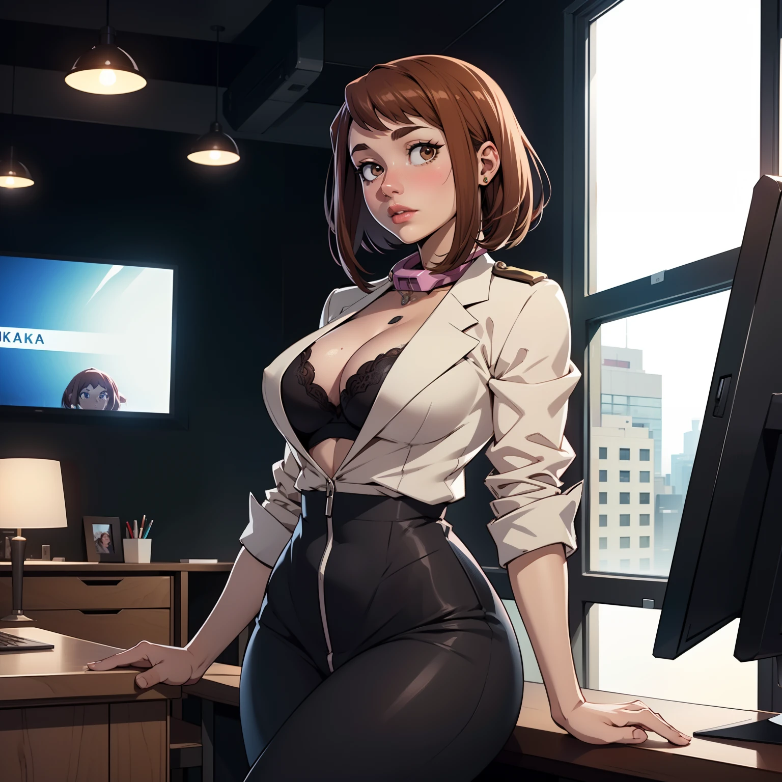 Hyper realistic super detailed sexy Ochaco Uraraka, NSFW, Very detailed, expressions faciales sexy, seductive facial expressions, [:(Face detail: 1.4): 0.4], 16K resolution, 4k resolution, dinamic lighting, High definition resolution, (sexy pose, Position attrayante), (hyper realistic: 1.4), (back light: 1.2), (sun light: 1), (pleine hauteur: 1.8),(contrasting background: 1.5), (Anatomy of the hyperrealistic arm), (Hyperrealistic anatomy of the legs), (peau propre), (lighting cinematic: 1.7), (intime), (Technologie NVIDIA RTX Ray Tracing), (Anatomy of the hyperrealistic arm: 2), (Ventre plat parfait), (image couleur),Create a 4K resolution, ultra-realistic, and extremely detailed artwork featuring a Ochaco Uraraka CEO in a corporate office setting with a provocative style. Ochaco Uraraka is the central character in the artwork, known for her commanding presence and bold appearance. She is seated at her executive desk in a modern office with large windows offering a cityscape view.

Ochaco Uraraka has a commanding presence. She has a provocative yet professional silhouette, with a tailored business suit that subtly emphasizes her figure and see a huge cleavage. Can see black lingerie. Her makeup is bold, with striking red lips and a gaze that demands attention.

Ochaco Uraraka is dressed provocatively, making a bold fashion statement. Her business suit is exquisitely tailored, with a slightly low-cut blazer that adds a touch of allure to her attire. She wears a pencil skirt that accentuates her elegance and high heels that command authority. Her jewelry is exquisite, adding a touch of glamour to her overall appearance.