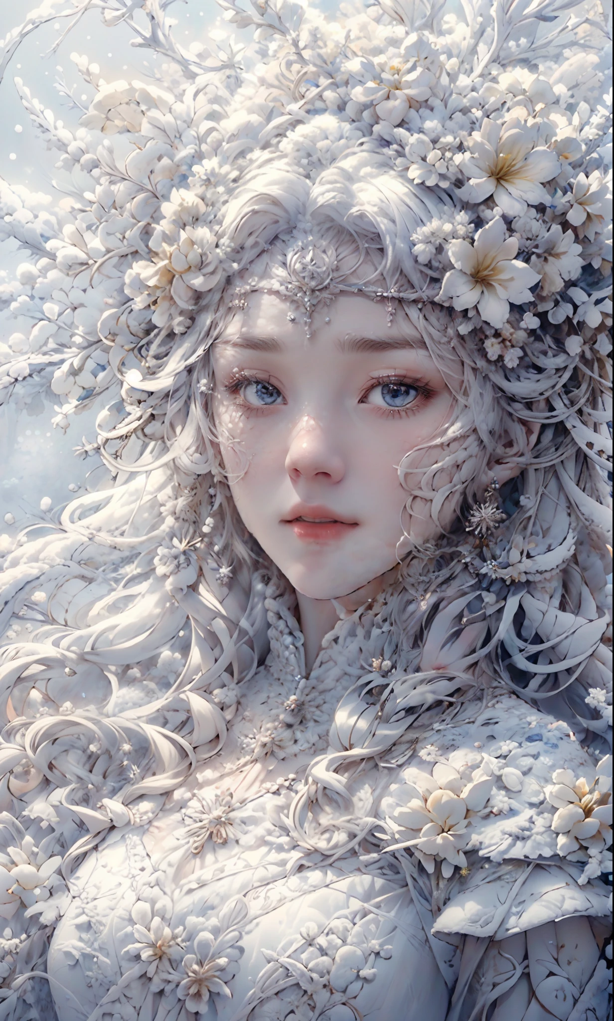 artstudt, (official art, extremely detailed CG unity 8k wallpaper),(1girl:1.3),beautifully detailed eyes, detailed fine nose, detailed fingers, (8k), (best quality), ( masterpiece:1.2), (realistic), ( photorealistic:1.37), extremely detailed 1 snow goddess, surrounded by white flowers and snow, wearing a gorgeous white dress with detailed ornaments on her head, extremely detailed, high quality skirt white hair, long hair, (no animal),Beautiful frost frost yellow winter queen soft Hawaiian flowers hyperdetailed portrait 8k Claude Monet