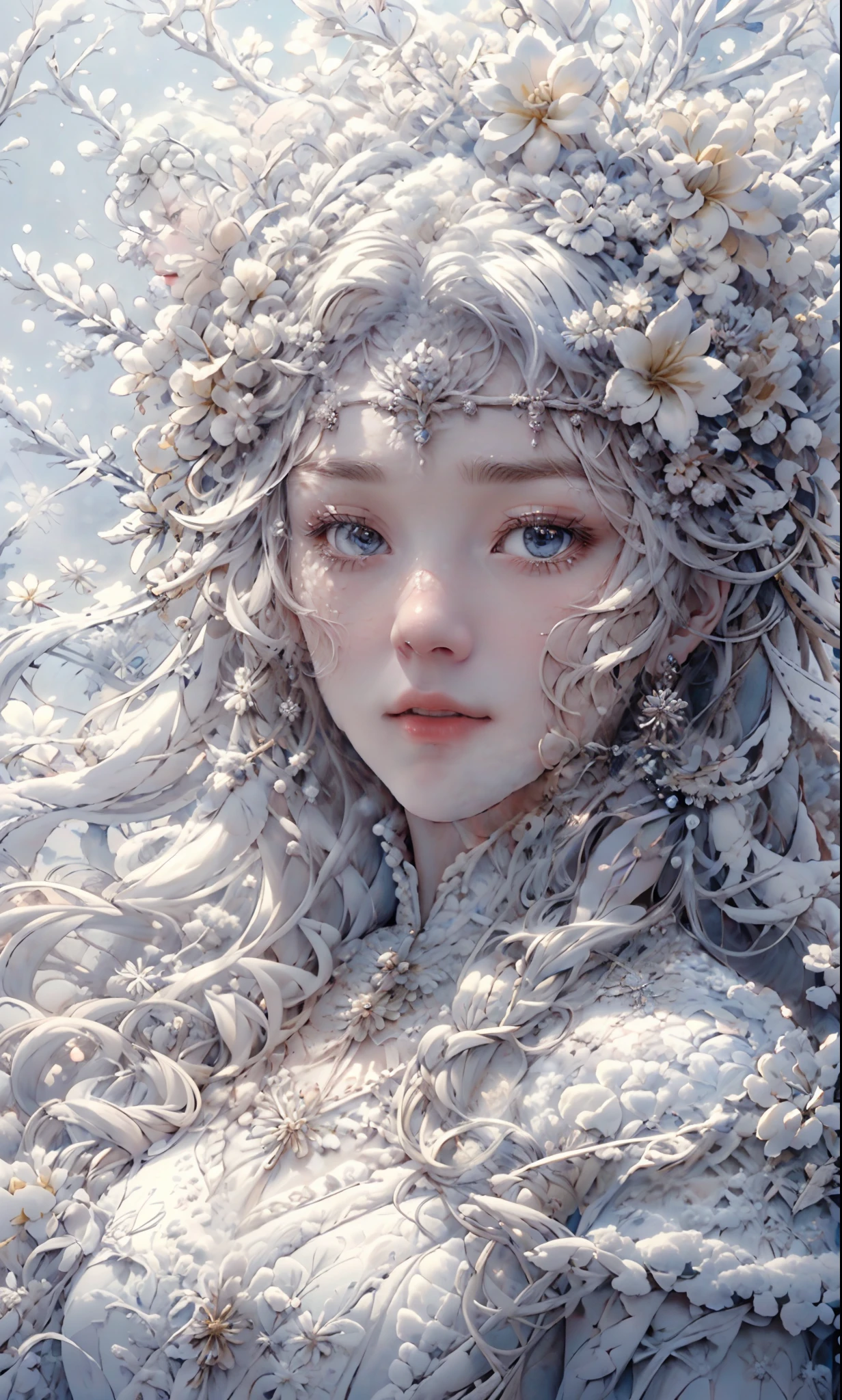 artstudt, (official art, extremely detailed CG unity 8k wallpaper),(1girl:1.3),beautifully detailed eyes, detailed fine nose, detailed fingers, (8k), (best quality), ( masterpiece:1.2), (realistic), ( photorealistic:1.37), extremely detailed 1 snow goddess, surrounded by white flowers and snow, wearing a gorgeous white dress with detailed ornaments on her head, extremely detailed, high quality skirt white hair, long hair, (no animal),Beautiful frost frost yellow winter queen soft Hawaiian flowers hyperdetailed portrait 8k Claude Monet