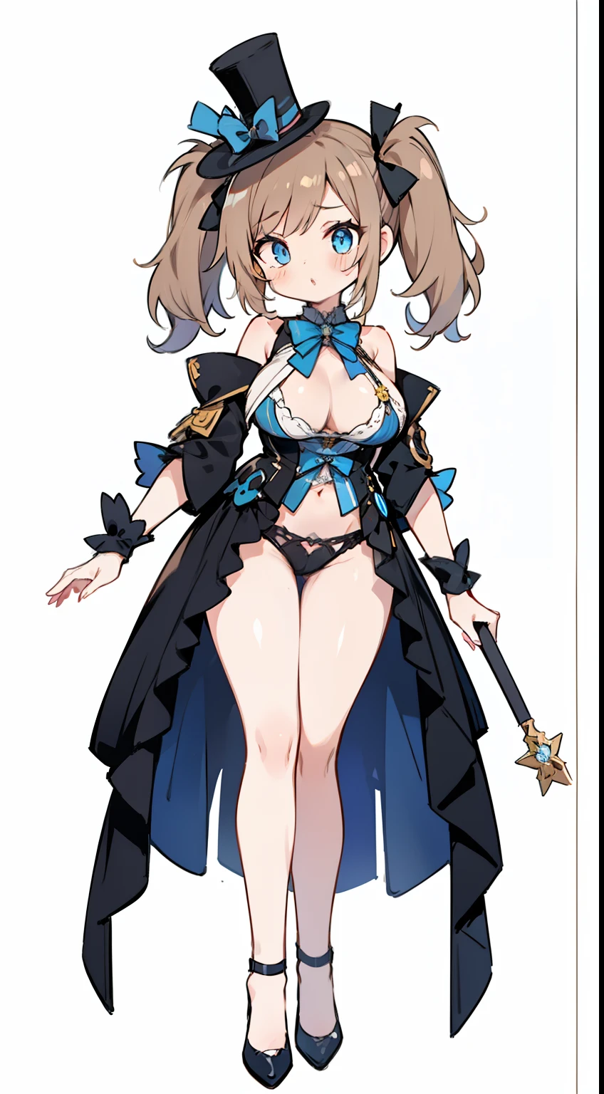 1girl in, fullllbody, Character Design, light brown thin twin tails,,,,Black Mini Top Hat, Blue eyes, Sexy outfit like black underwear, large full breasts, High quality, Wide Shot, Detailed background of Magic Cafe