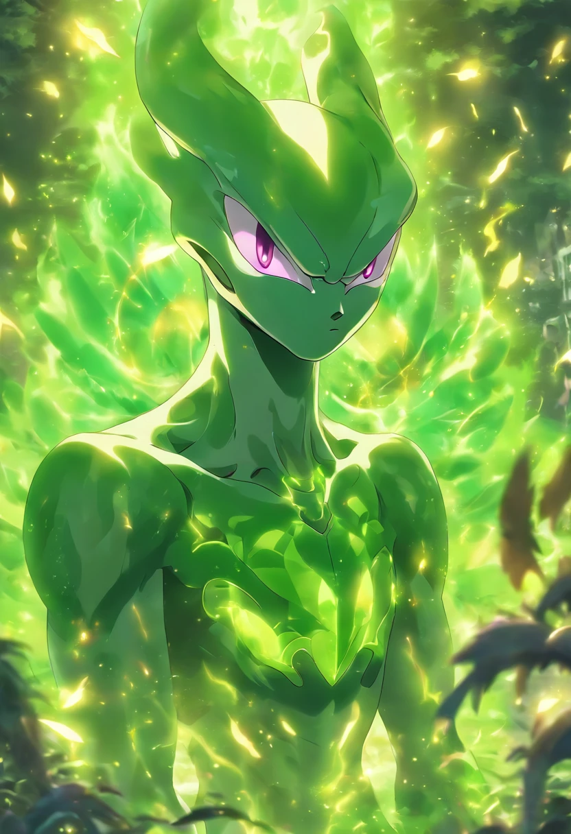 Plague Mewtwo, skeleton-like, swamp-green feathered wings, golden beak-mask, vivid green glowing eyes, green feathered headdress, masterpiece, best quality