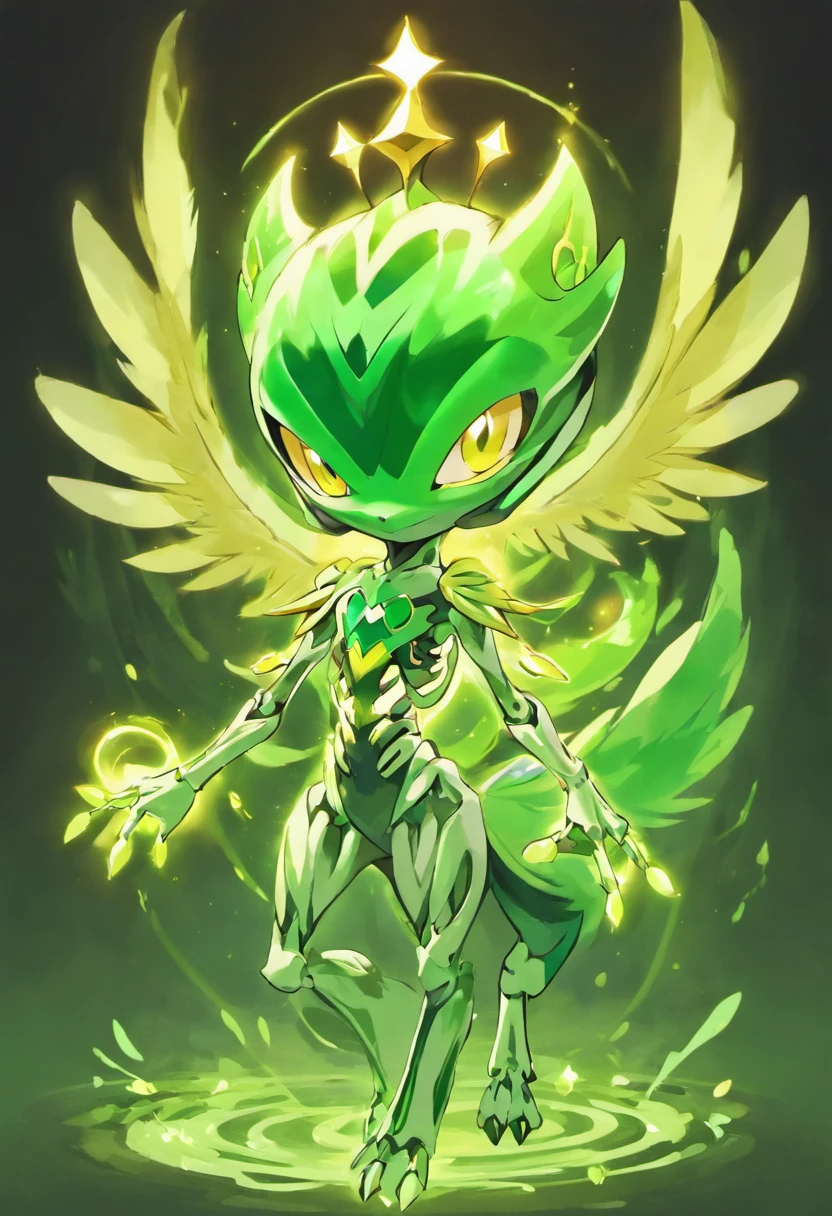 Plague Mewtwo, skeleton-like, swamp-green feathered wings, golden beak-mask, vivid green glowing eyes, green feathered headdress, masterpiece, best quality