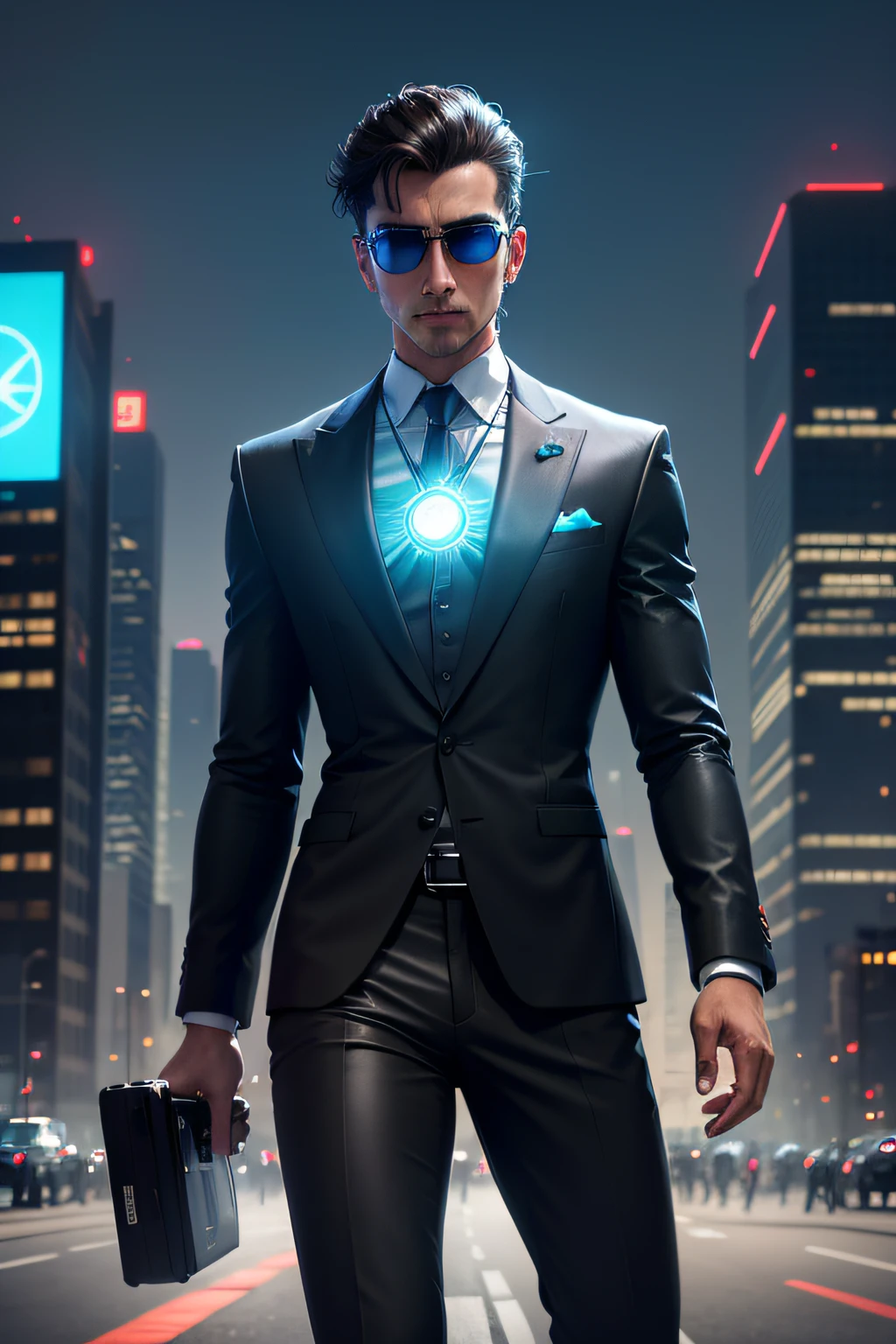 Understood. I'll provide a revised description based on the parameters and the futuristic setting of a salesman in the year 2100. Here's a fresh take:

---

Amidst the pulsing heart of a cyberpunk cityscape, a male salesman of the year 2100 strides with purpose through holograph-lit avenues during a brisk evening. The city is a spectacle of high-rise edifices, digital billboards, and floating vehicles, all under a skyline adorned with neon glows and holographic adverts.

Our salesman is the epitome of futuristic elegance, clad in a slim-fit, modular smart suit that adapts aerodynamically as he navigates through the bustling urbanscape. His attire is a palette of neutral and metallic hues, shimmering holographically with every step under the ambient neon lights.

The lenses of his smart glasses flicker with the dance of virtual data as he engages in a high-stakes negotiation, visualizing complex business analytics through a holographic interface. His expressions are a blend of confidence and engagement, his gestures precise as he orchestrates deals with a mere swipe or tap in the air, the epitome of modern business acumen.

Around him, the city is aflow with motion – drones skim the sky, delivering parcels, while floating vehicles drift lazily between the towering structures. People pass by, their conversations a blend of multiple languages, carried out through holographic devices.

His stride is a blend of grace and urgency, embodying the high-energy ambiance of this futuristic business realm. Every element around him, from the geometric patterns on digital billboards to the streamlined designs of hovering vehicles, speaks to the relentless march of technology.

As he steps into a towering building, the glass doors reflecting his silhouette against the glittering city backdrop, there's an air of sophistication that follows. It’s a scene that mirrors the pinnacle of technological evolution, blending the cold efficiency of machines with the relentless human drive.

In