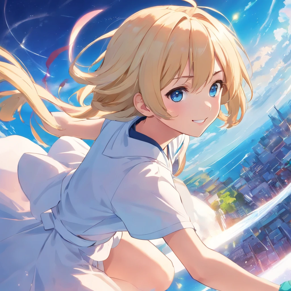 top-quality、​masterpiece、8K、Blonde girl in white dress（long、Blue eyes、A smile）、Fantastical、blue-sky、Lush steppe、low angles、Floating in the air、foco nítido:1.2.、huge tit、Nipples are coming out