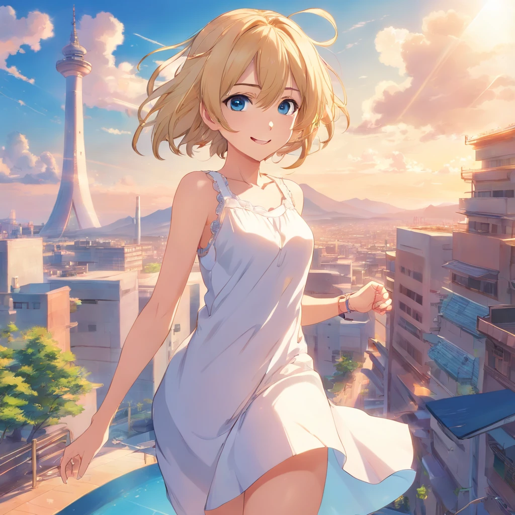top-quality、​masterpiece、8K、Blonde girl in white dress（long、Blue eyes、A smile）、Fantastical、blue-sky、Lush steppe、low angles、Floating in the air、foco nítido:1.2.、huge tit、Nipples are coming out