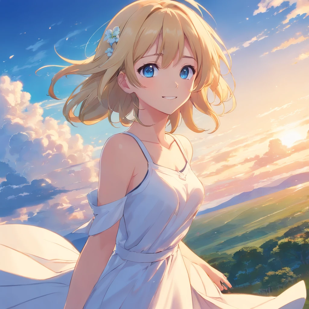 top-quality、​masterpiece、8K、Blonde girl in white dress（long、Blue eyes、A smile）、Fantastical、blue-sky、Lush steppe、low angles、Floating in the air、foco nítido:1.2.、huge tit、Nipples are coming out