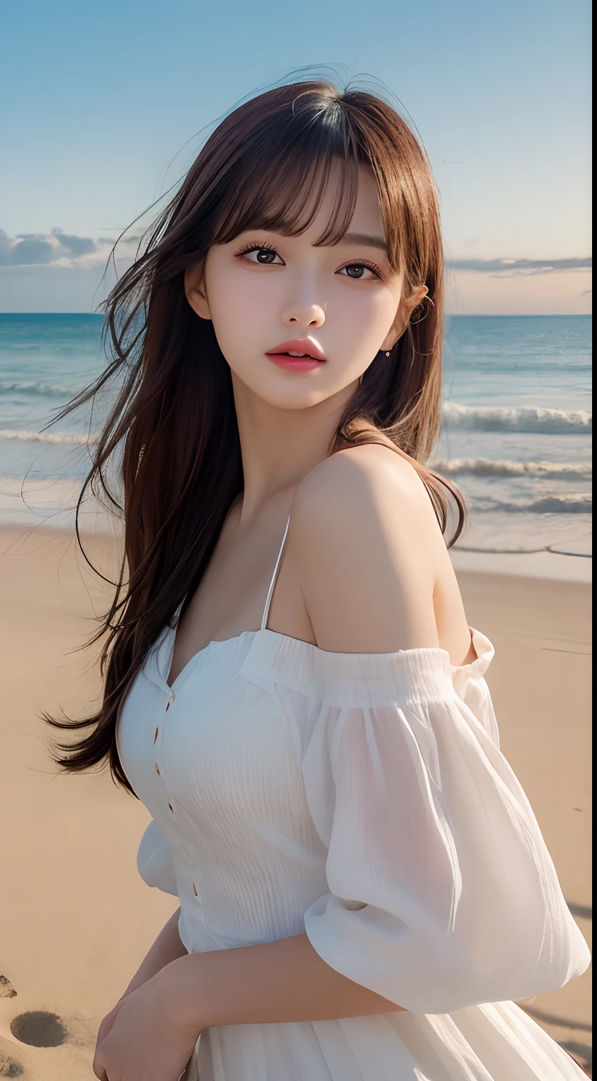 masutepiece, Best Quality, Illustration, Ultra-detailed, finely detail, hight resolution, 8K Wallpaper, Perfect dynamic composition, Beautiful detailed eyes, Wear a dress, Natural Color Lip,Beach, Random and cute poses, flowing bangs, Sunset,small tits,beauty legs,KPOP Idol Face,Perfect and beautiful face,Cute