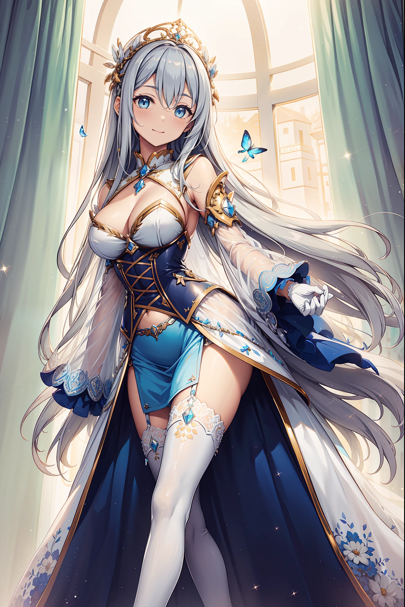 saints,divino,having fun,salvador,(Pure white corset:1.1),(Sky blue skirt:1.1),White thigh socks,Blue pattern,(Silvery hair:1.2),eBlue eyes,(Headdress of the saint),(Sacred motifs),Maximalism,Ruffles,Lace,Multi-colored cloth,Delicate embroidery,Delicate pattern,(exquisite costumes),White gloves,see-through transparent clothes,Bedrooms,glittery,Shine,the night,solo person,Fluttering skirt,Beautiful detailed face,