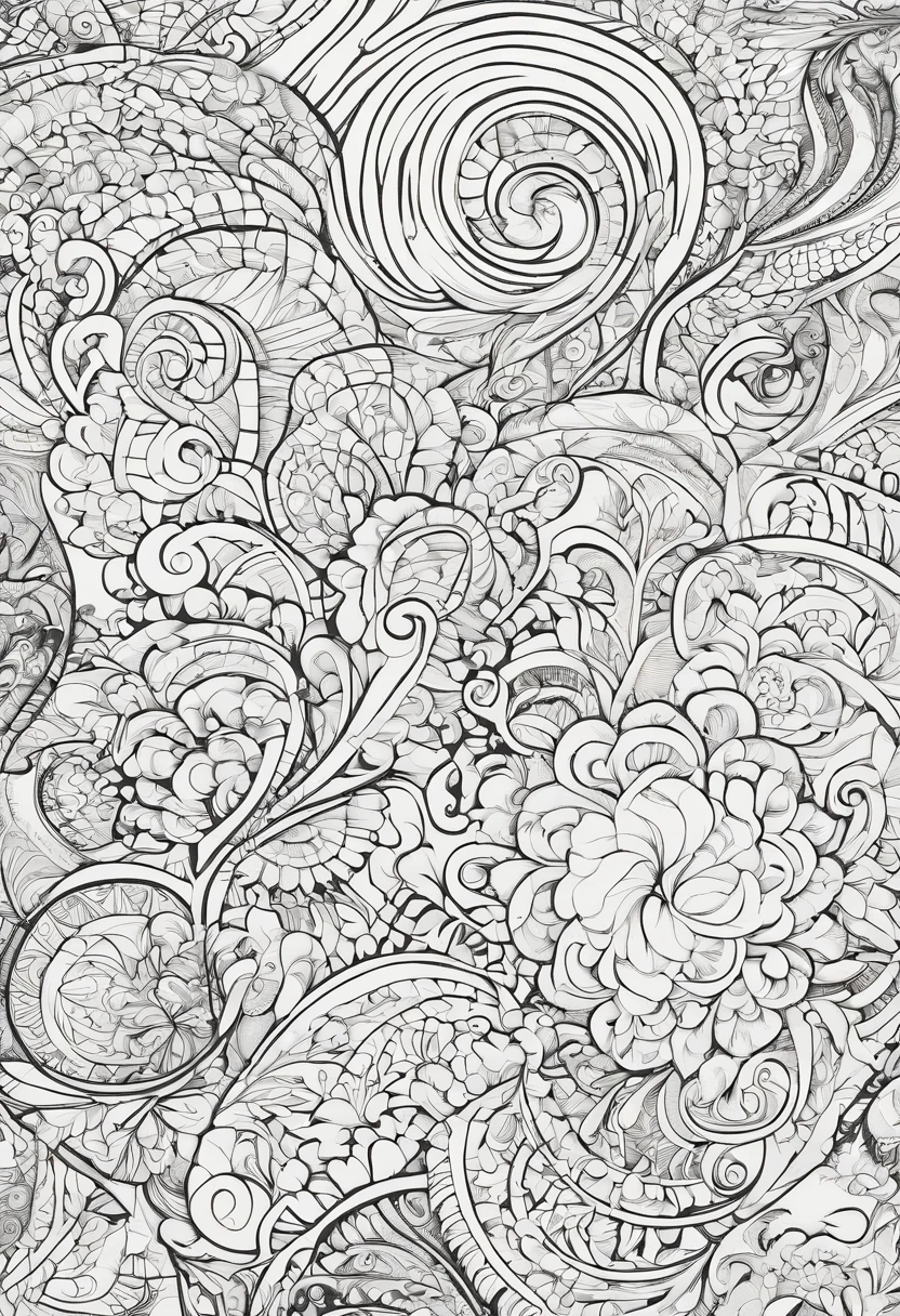 (best quality,highres:1.2), colourful pattern of spirals and circles, intricate paisley designs, consistent ultra fine lines, fine details, masterful rendering, high contrast, dynamic lighting, colouring book outline