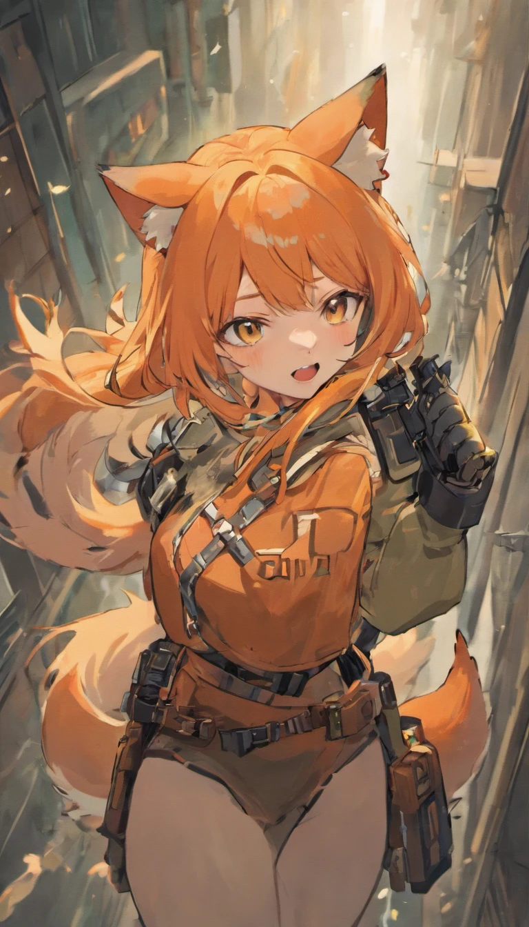 masterpiece, solo, half body, 1girl, pfanti, long orange hair, animal ears, fox girl, military, black gloves, tactical gear, m4 carbine, holding gun, dynamic pose, aiming, detailed background, outdoors, smiling, looking at viewer, open mouth, fangs,