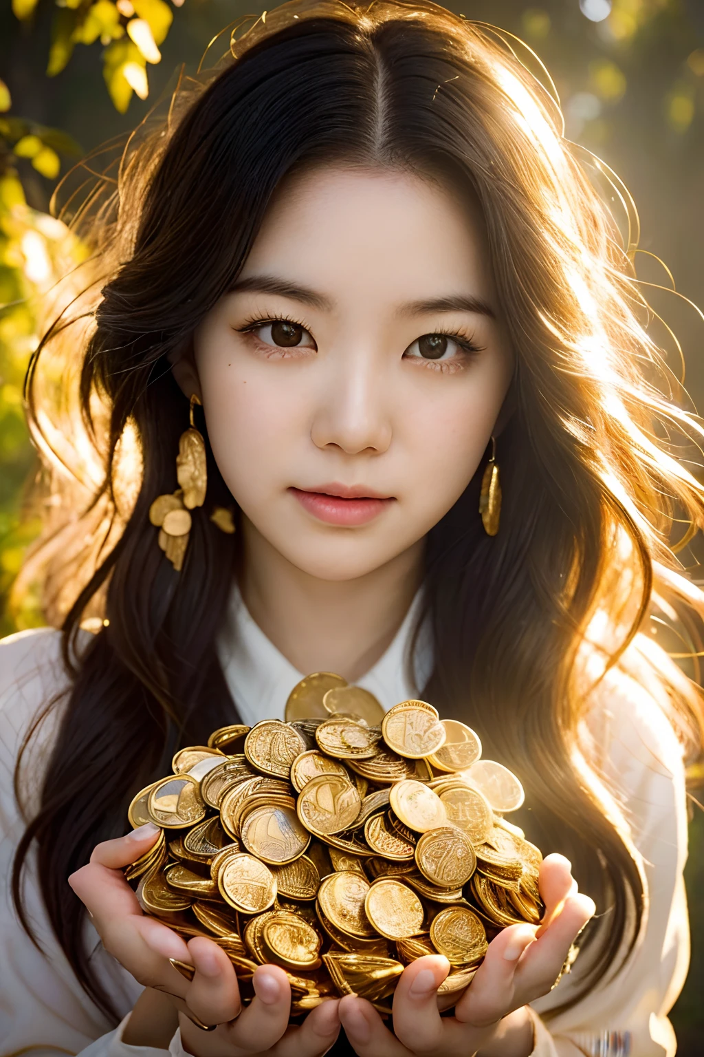 artistic photograph, A photo of a weeping young woman covered with dollars of gold coins, Overhead shot, Dazzling sunlight, Intricate, Flashy, Translucent, Medium scenario, Weird art style, Extremely creative, Simple and mysterious, High quality, 8K