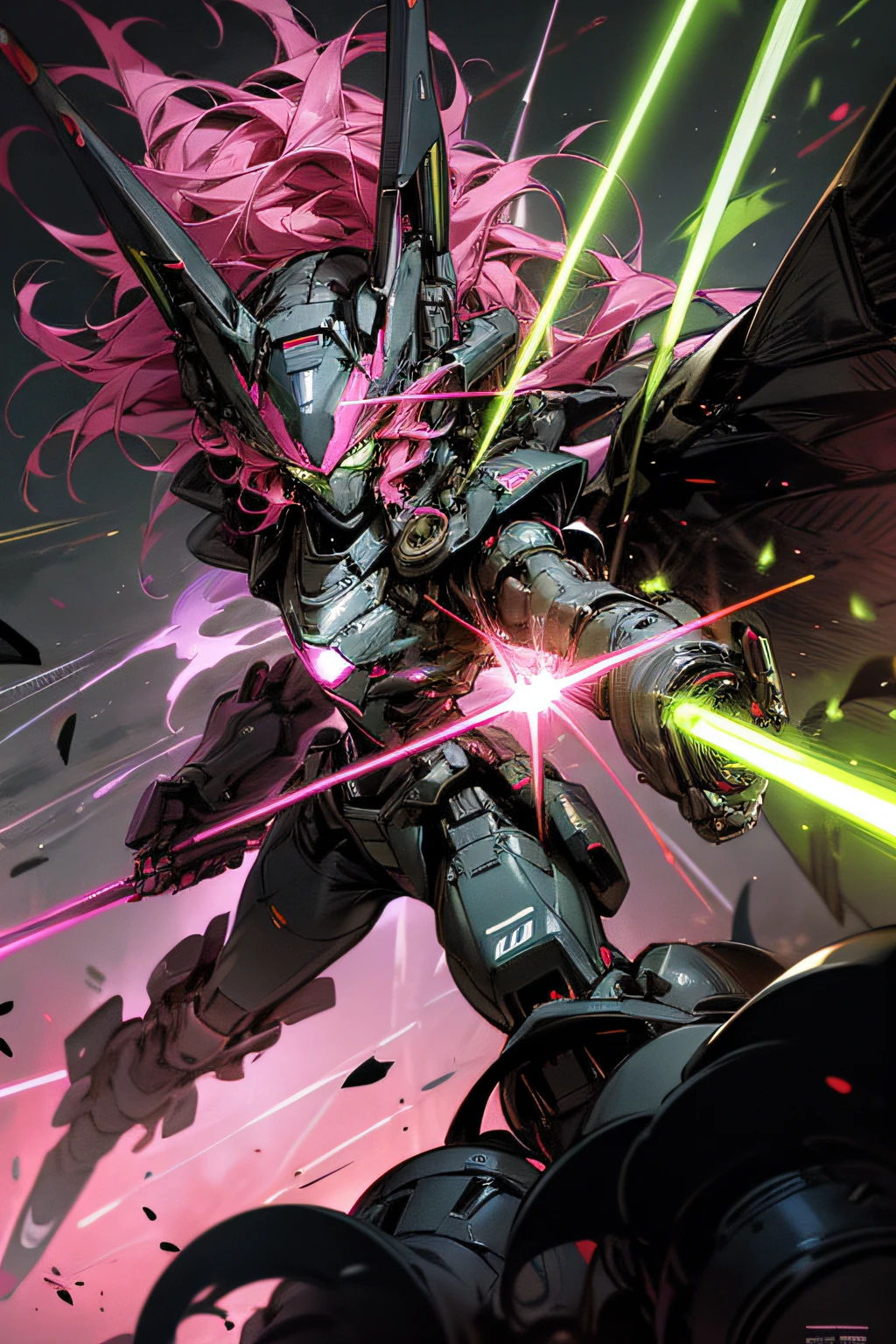 a black robot with flamethrowers and missile launchers approaches a green mecha with a bright pink lightsaber held ready to fight.