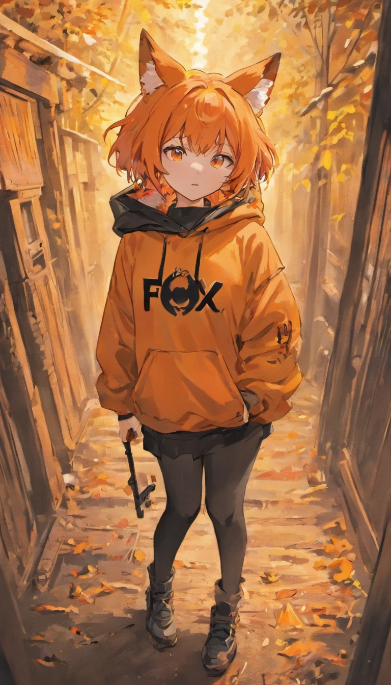 1girl, orange short messy hair, light orange hair, light orange oversized fox hoodie, fox hoodie, hoodie, black gloves, holding gun, on the forest, scouting, orange eyes, enthusiastic, serious, holding weapon, black ears, holding shotgun, shotgun, bullets, shooting, explosion, black medium socks, big hoodie, hood, fox hood