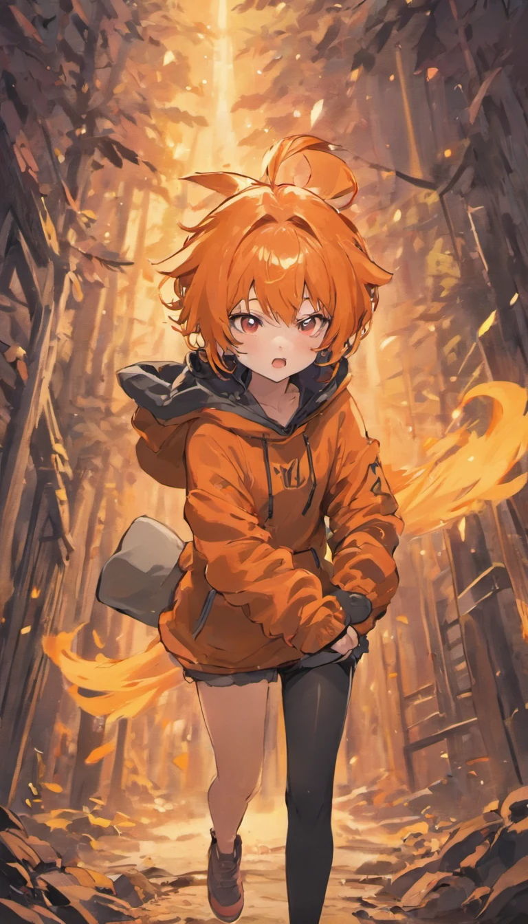 1girl, orange short messy hair, light orange hair, light orange oversized fox hoodie, fox hoodie, hoodie, black gloves, holding gun, on the forest, scouting, orange eyes, enthusiastic, serious, holding weapon, black ears, holding shotgun, shotgun, bullets, shooting, explosion, black medium socks, big hoodie, hood, fox hood