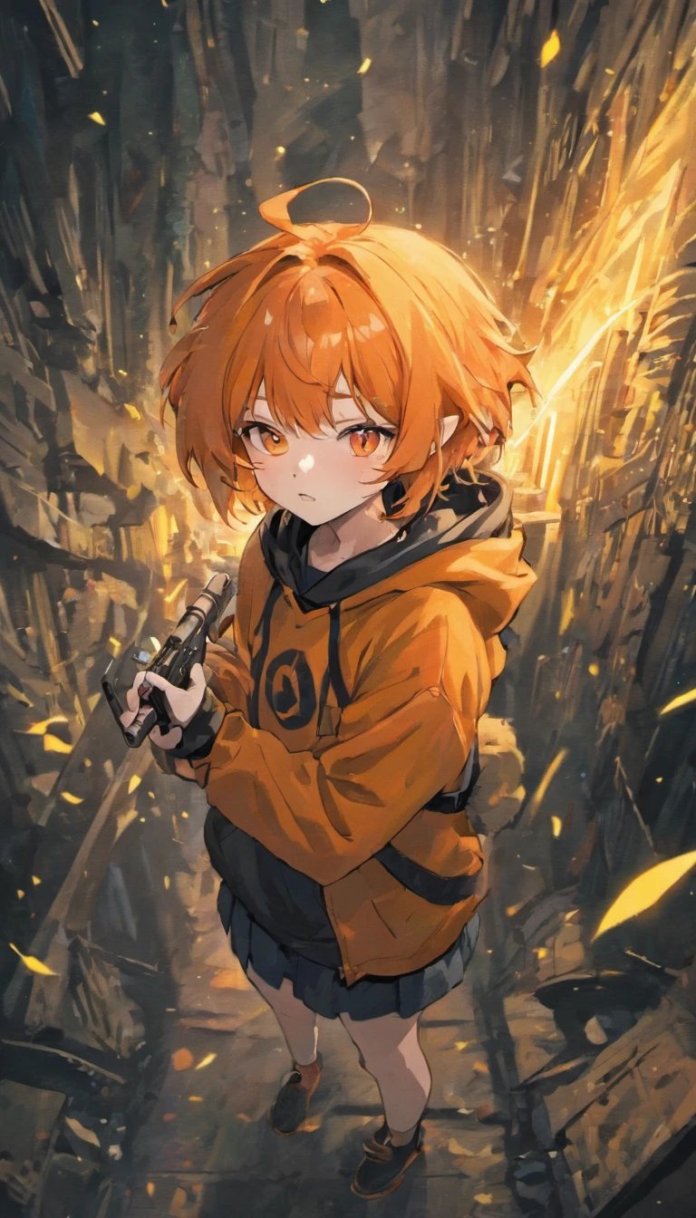 1girl, orange short messy hair, light orange hair, light orange oversized fox hoodie, fox hoodie, hoodie, black gloves, holding gun, on the forest, scouting, orange eyes, enthusiastic, serious, holding weapon, black ears, holding shotgun, shotgun, bullets, shooting, explosion, black medium socks, big hoodie, hood, fox hood
