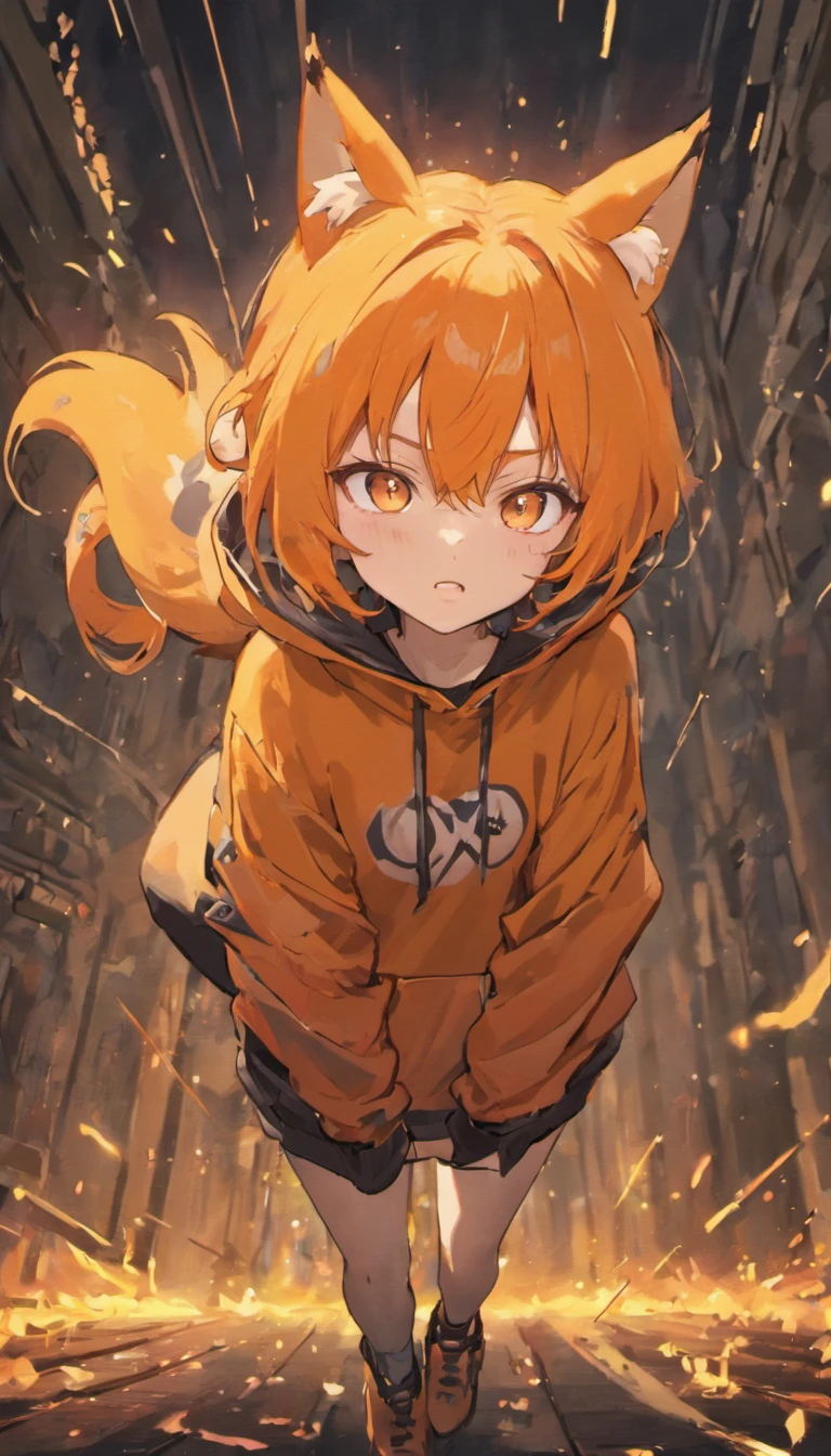 1girl, orange short messy hair, light orange hair, light orange oversized fox hoodie, fox hoodie, hoodie, black gloves, holding gun, on the forest, scouting, orange eyes, enthusiastic, serious, holding weapon, black ears, holding shotgun, shotgun, bullets, shooting, explosion, black medium socks, big hoodie, hood, fox hood