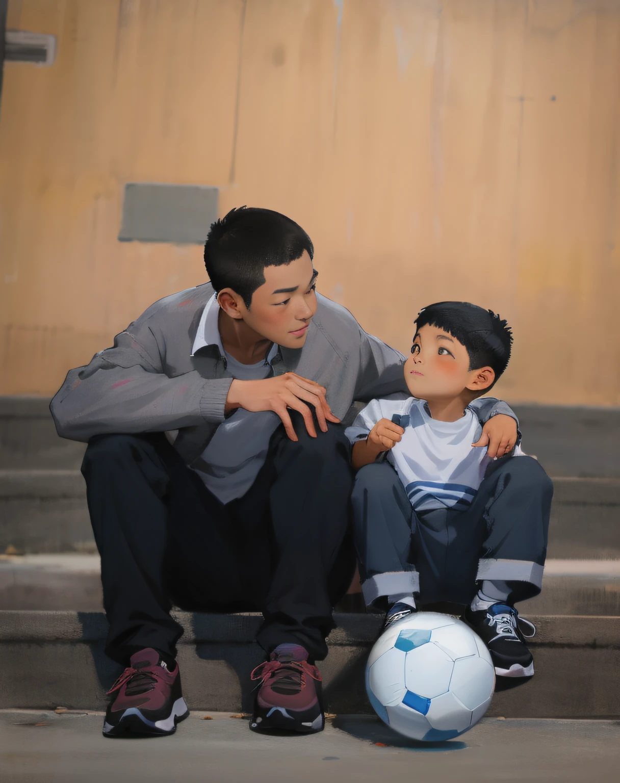 On the steps sat a man and a boy，Chinese face，Holding a pair of sneakers in his hand, With a child,  Photo portrait，Oil painting in Fei Xin's style