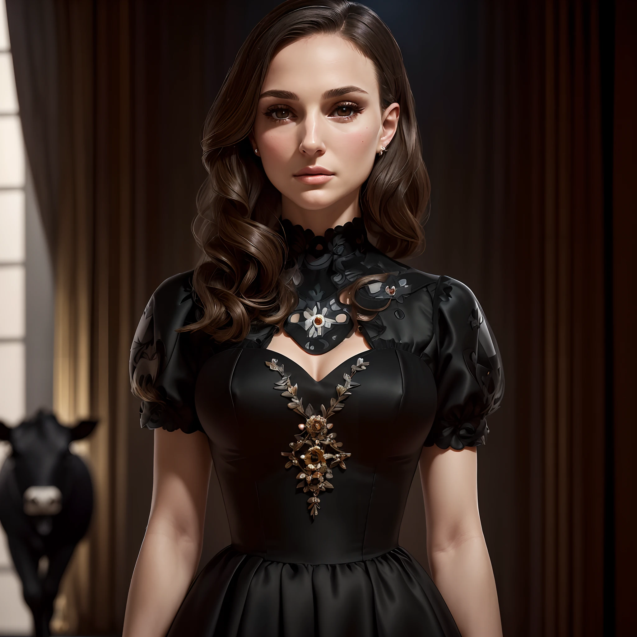 (sharp focus:1.2), 1girl,natalie portman wearing (little black tdress:1.2) at a (gala:1.2),looking at camera,front view,cowbot shot,centered view, (moody lighting:1.2), depth of field, bokeh, 4K, HDR. by (Alphonse Mucha:1.1).