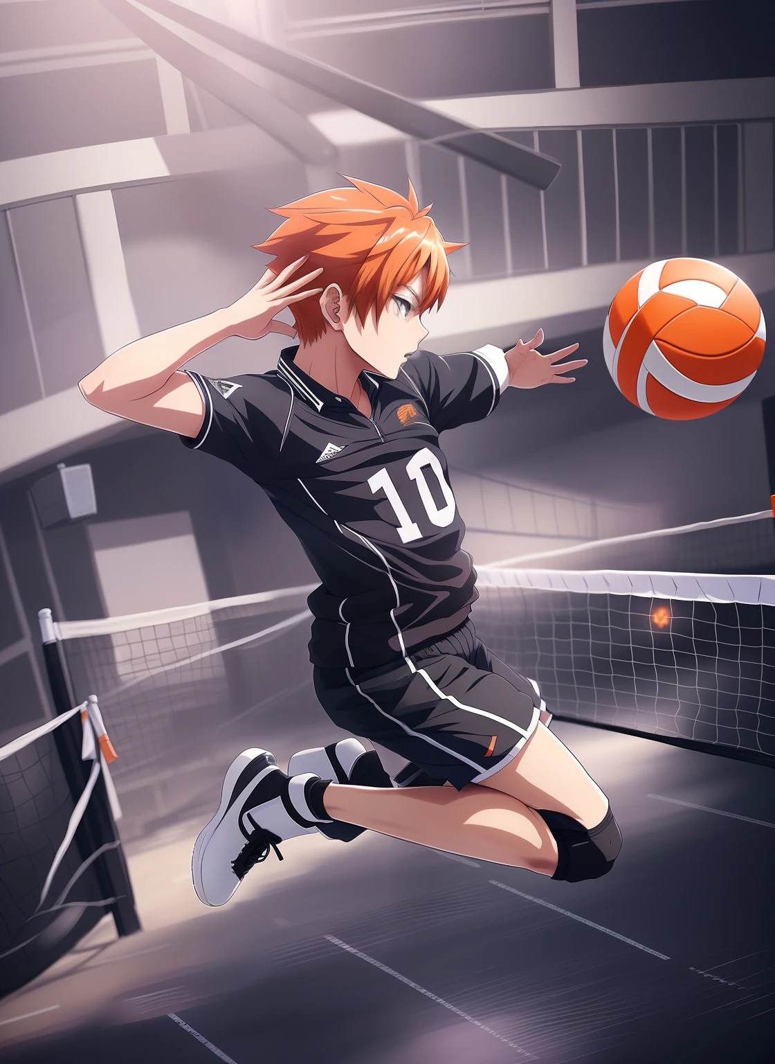 anime boy in a black uniform jumping in the air with a volley court background, high quality anime artstyle, realistic anime style at pixiv, wearing a volleyball jersey, trending on artstation pixiv, at pixiv, digital art on pixiv,realistic anime 3 d style, pixiv, realistic anime artstyle, orange hair