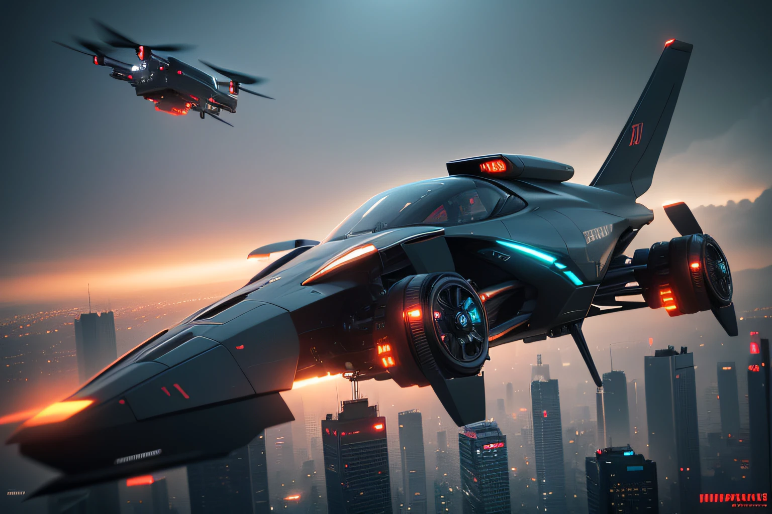 There are many drone-type flying cars flying, Decadent future Shinjuku, Diagonal aerial shot, smog, bladerunner, Cyberpunk City Sharp Focus, with an intricate, zbrush, High contrast, High dynamic light, high detailing, 。.3D, Ray tracing, Unreal Engine, Octane Render