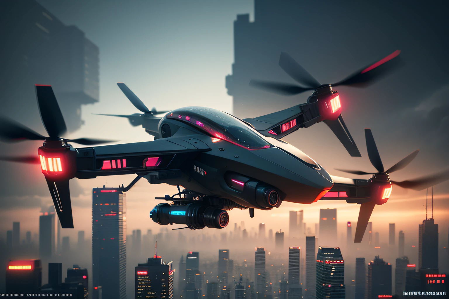There are many drone-type flying cars flying, Decadent future Shinjuku, Diagonal aerial shot, smog, bladerunner, Cyberpunk City Sharp Focus, with an intricate, zbrush, High contrast, High dynamic light, high detailing, 。.3D, Ray tracing, Unreal Engine, Octane Render