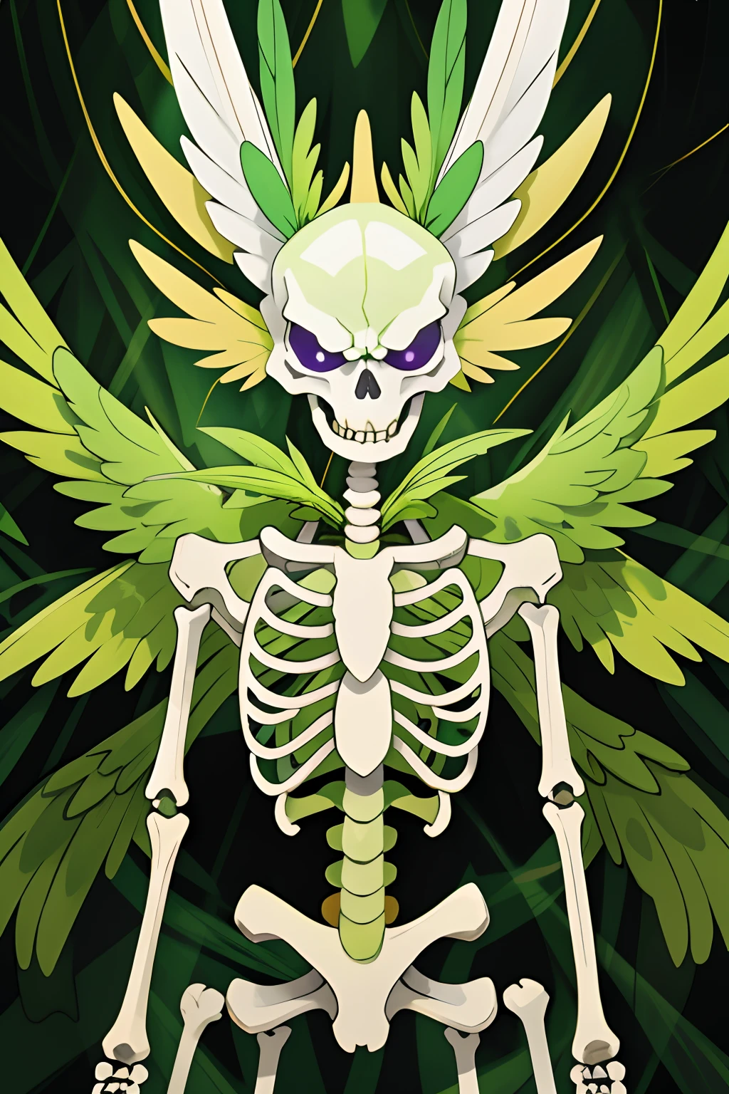 Plague Mewtwo, skeleton-like, swamp-green feathered wings, golden beak-mask, vivid green glowing eyes, green feathered headdress, masterpiece, best quality