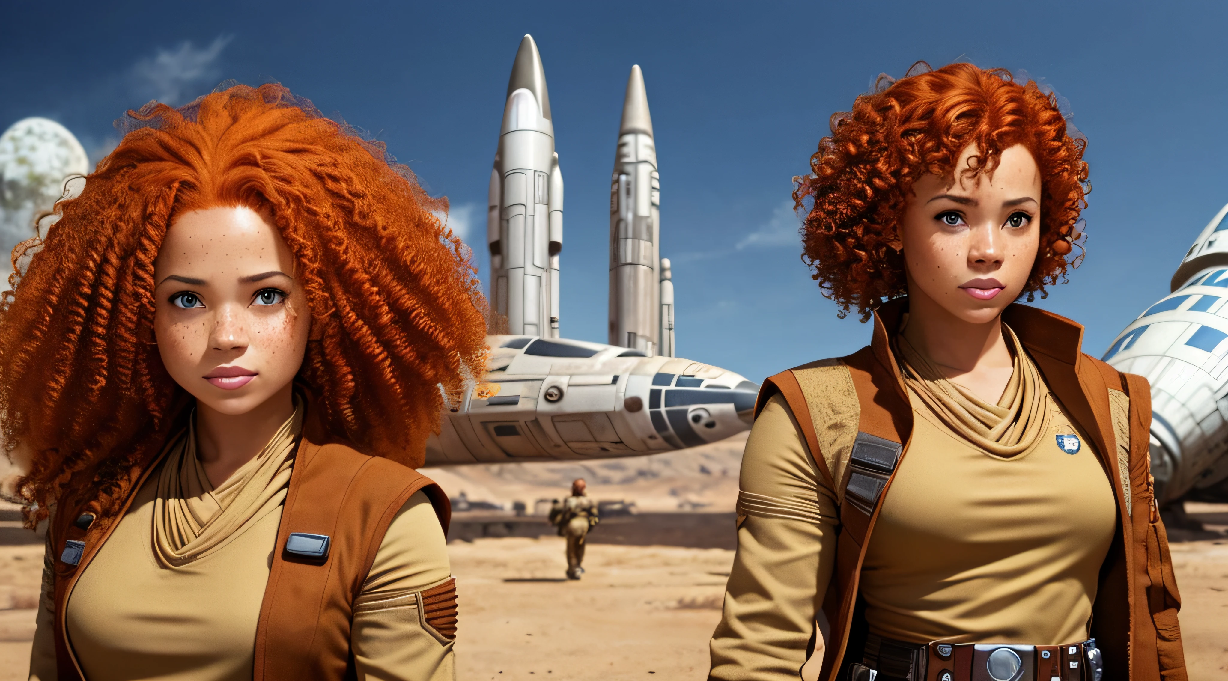 Light-skinned woman, redhead, curly hair, with freckles. Jedi style outfit from star wars. In the background of the image is a spaceship.