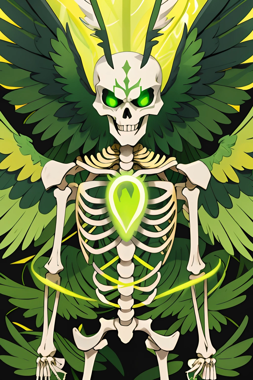 Plague Mewtwo, skeleton-like, swamp-green feathered wings, golden beak-mask, vivid green glowing eyes, green feathered headdress, masterpiece, best quality