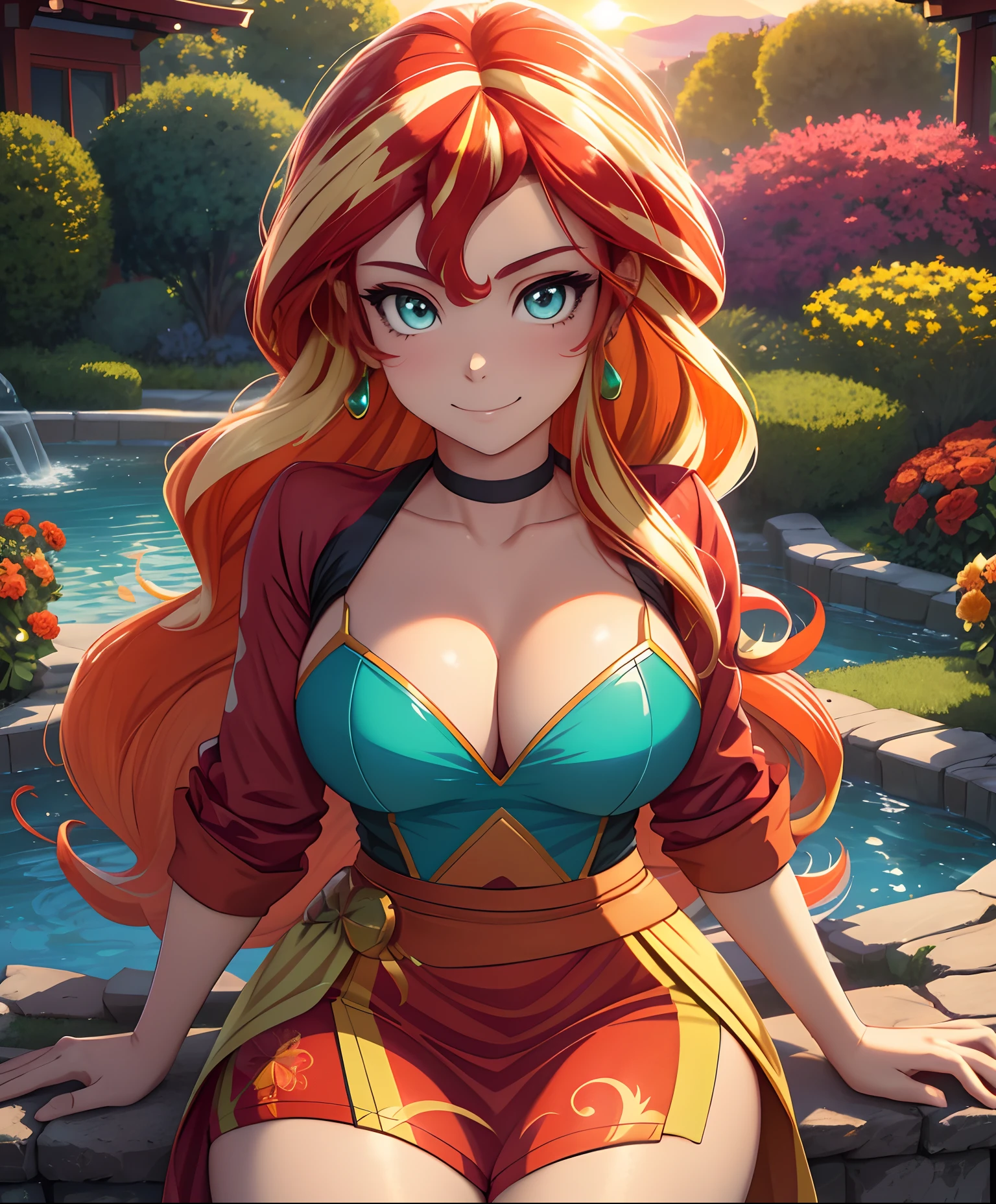 Sunsethuman, Sunset Shimmer, Sunset Shimmer from my little pony, Sunset Shimmer in the form of a girl, big breasts, lush breasts, voluminous breasts, firm breast, detailed hands, two tones of hair, red and yellow hair,sitting in a garden, red and orange flowers, solo, one character, red and orange dress, long sleeves,thin, no muscles, normal body, turquoise eyes, gentle smile, sunset, beautiful detailed garden