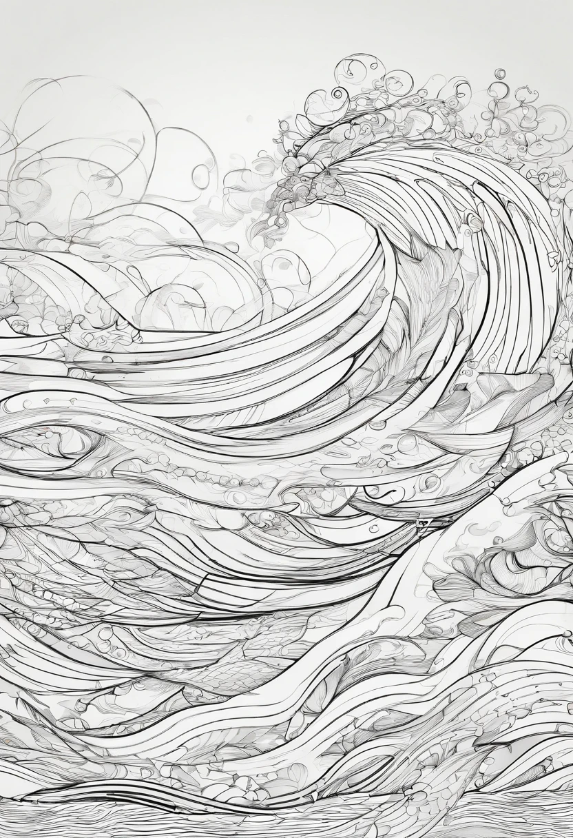 (best quality,highres:1.2), A pattern of waves and bubbles with fish, consistent highly defined lines, highly detailed patterns, masterful rendering, high contrast, dynamic lighting, colouring book outline, no gradient
