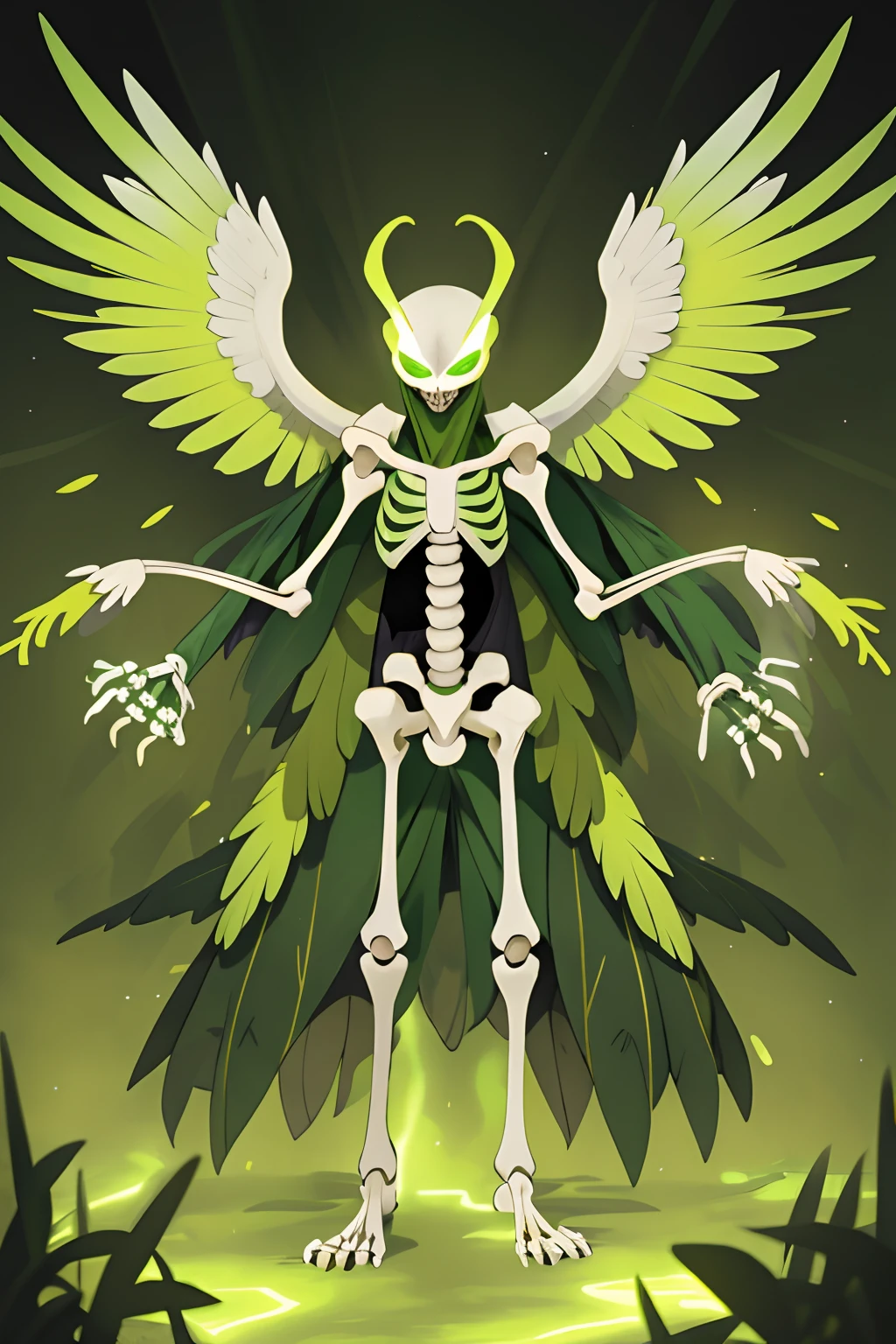 Plague Mewtwo, skeleton-like, swamp-green feathered wings, golden beak-mask, vivid green glowing eyes, green feathered headdress, masterpiece, best quality