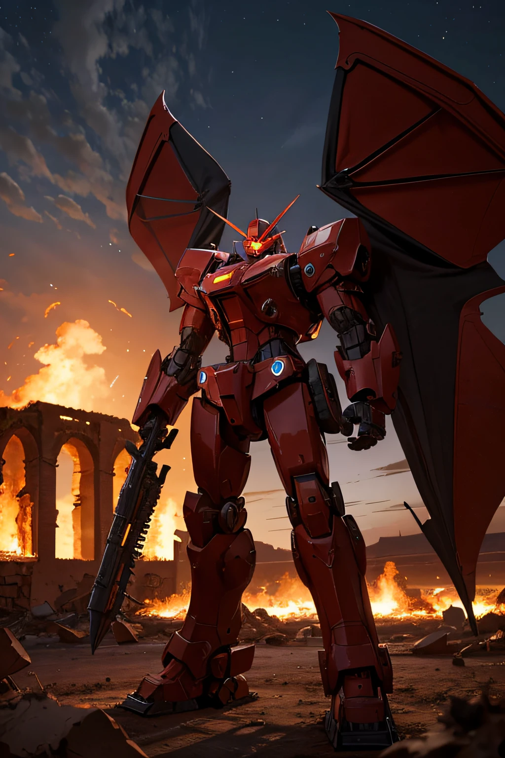 A large red mecha with black bat wings standing in a desert at night over the ruins of a flaming village