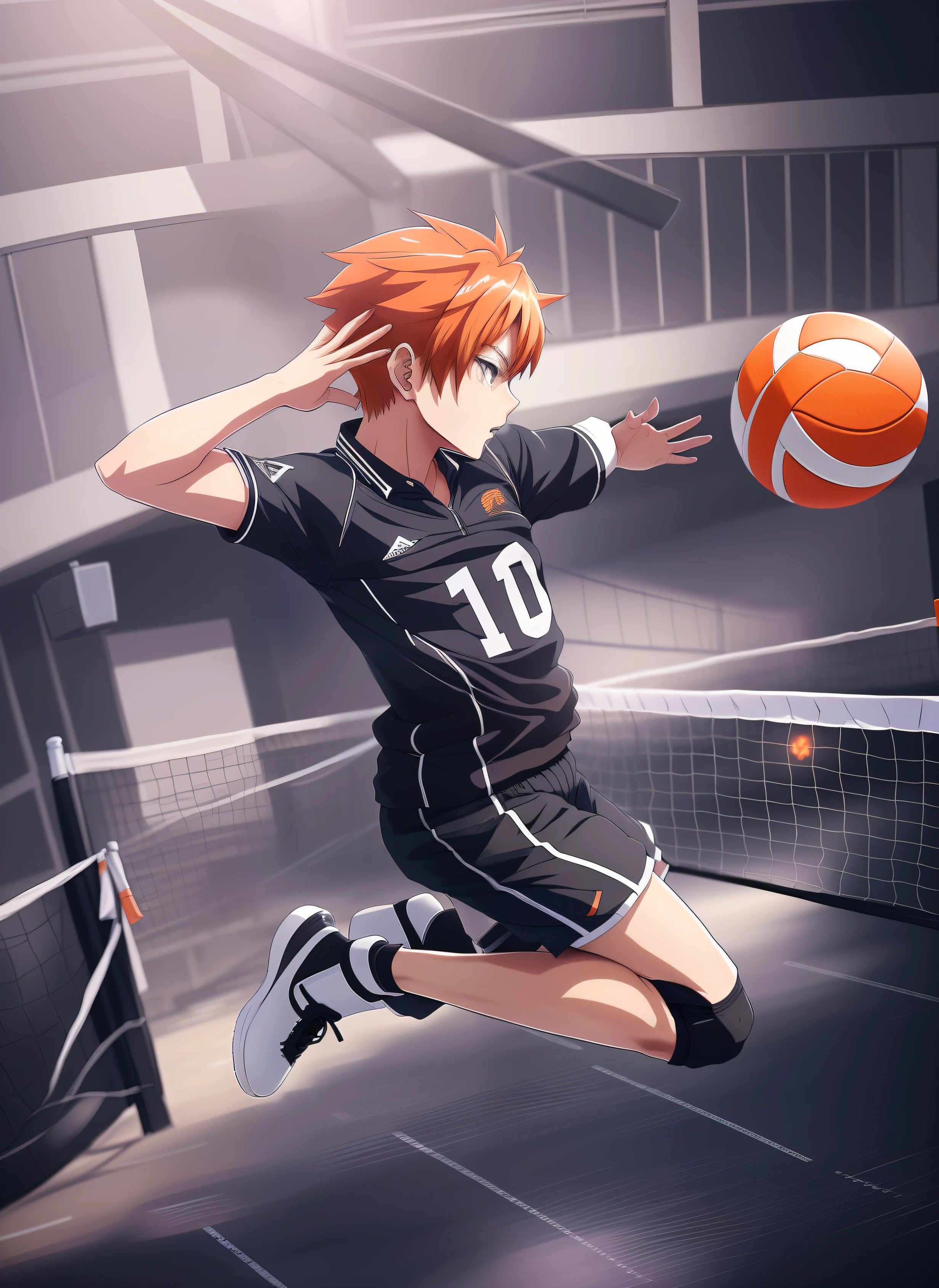 anime boy in a black uniform jumping in the air with a volley court background, high quality anime artstyle, realistic anime style at pixiv, wearing a volleyball jersey, trending on artstation pixiv, at pixiv, digital art on pixiv,realistic anime 3 d style, pixiv, realistic anime artstyle, orange hair