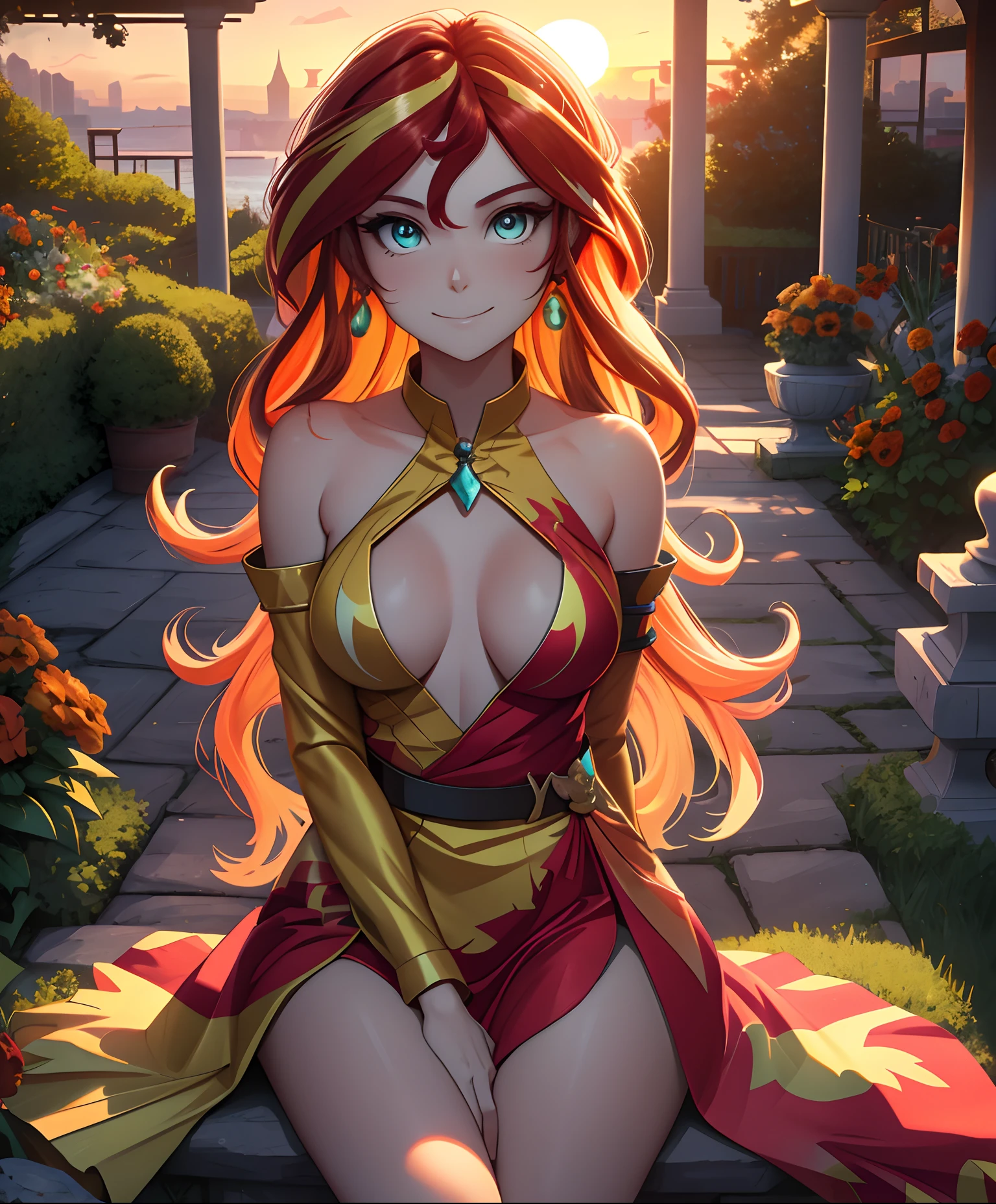 Sunsethuman, Sunset Shimmer, Sunset Shimmer from my little pony, Sunset Shimmer in the form of a girl, big breasts, lush breasts, voluminous breasts, firm breast, detailed hands, two tones of hair, red and yellow hair,sitting in a garden, red and orange flowers, solo, one character, red and orange dress, long sleeves,thin, no muscles, normal body, turquoise eyes, gentle smile, sunset, beautiful detailed garden