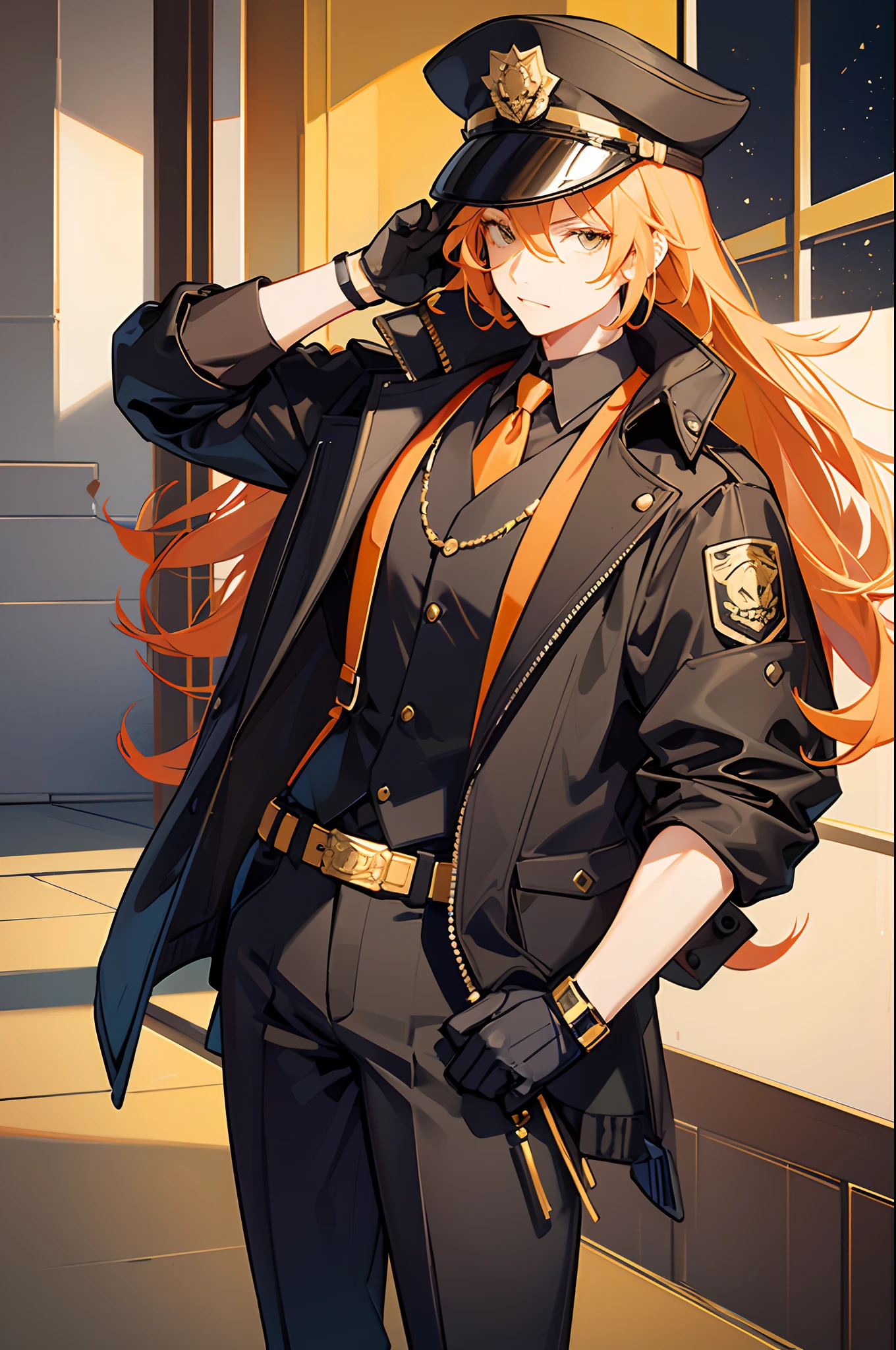 a nonbinary person, short light orange hair, wearing long black jacket, gold accents, wearing police hat