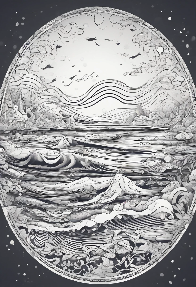 (best quality,highres:1.2), Patterns of waves and bubbles with fishes, consistent highly defined lines, highly detailed patterns, masterful rendering, high contrast, dynamic lighting, colouring book outline, no gradient