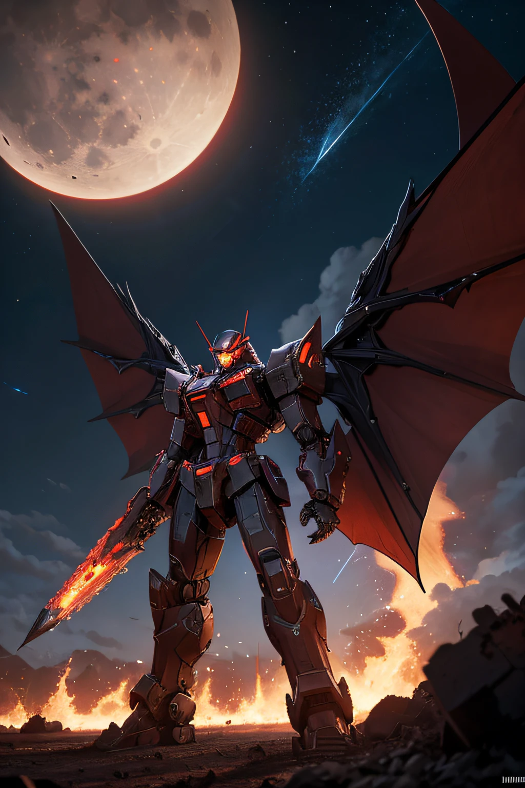 A large red mecha with black bat wings standing in a desert at night over the ruins of a flaming village. The mecha has large black claws on its hands for weapons. The claws extend from the fingers. The moon is visible in the distant sky. lots of stars and nebula
