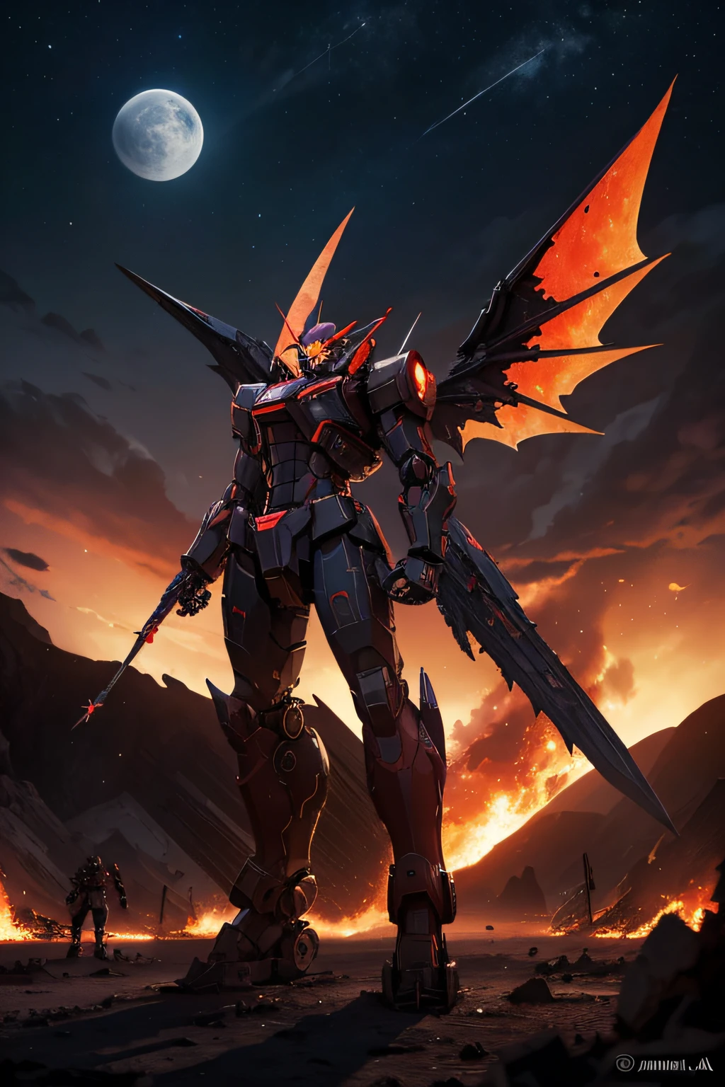 A large red mecha with black bat wings standing in a desert at night over the ruins of a flaming village. The mecha has large black claws on its hands for weapons. The claws extend from the fingers. The moon is visible in the distant sky. lots of stars and nebula