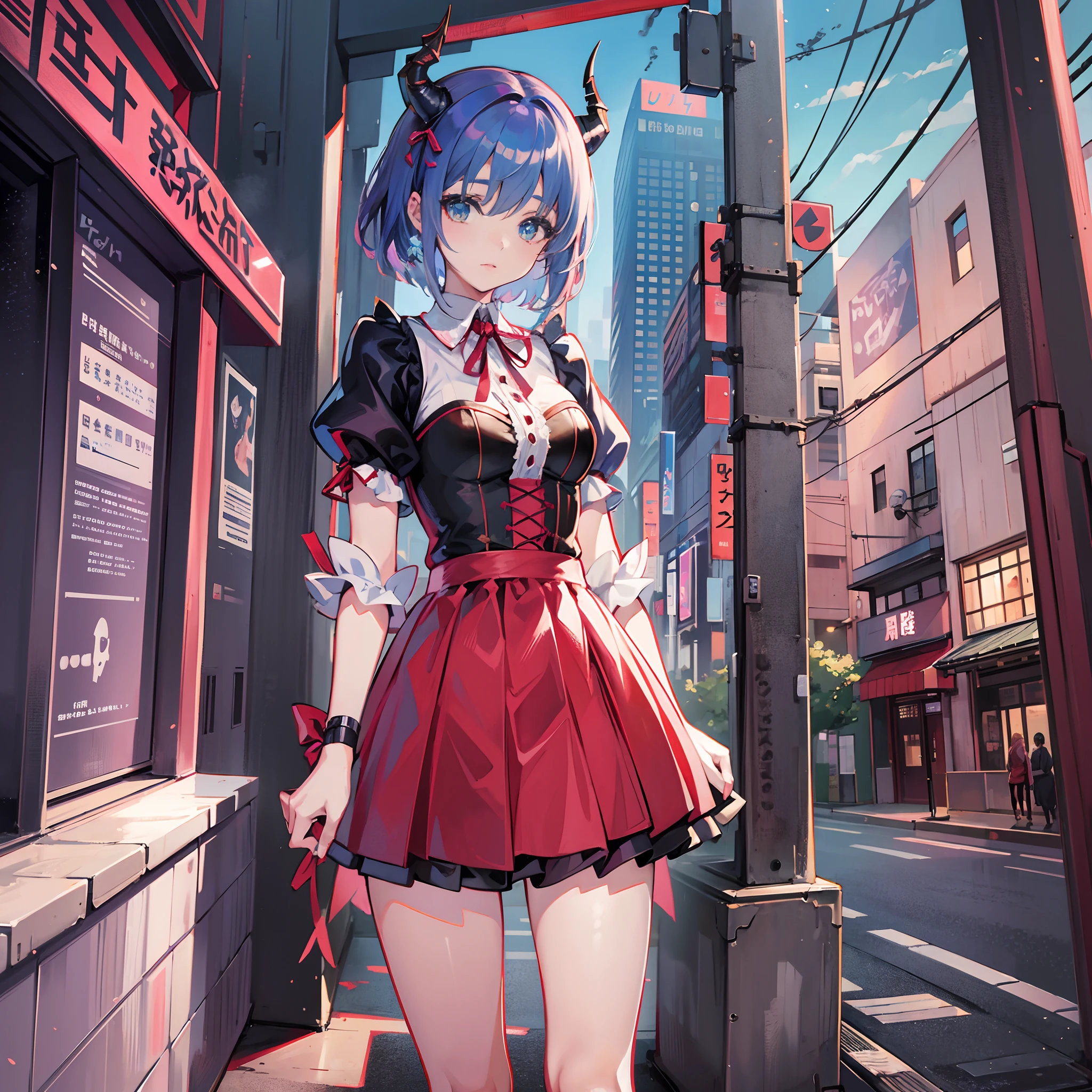 ((best qualtiy,8K))Short hair anime girl,Ami Mizuno,anime moe art style,style of anime,Such as Fate/stay night,Short anime girl,Very cute anime girl face,Night core,From the front line of girls,cute anime girl portraits,Anime girl with dragon horn,High Quality Anime Art Style, "Beautiful anime woman",A small red ribbon on the head