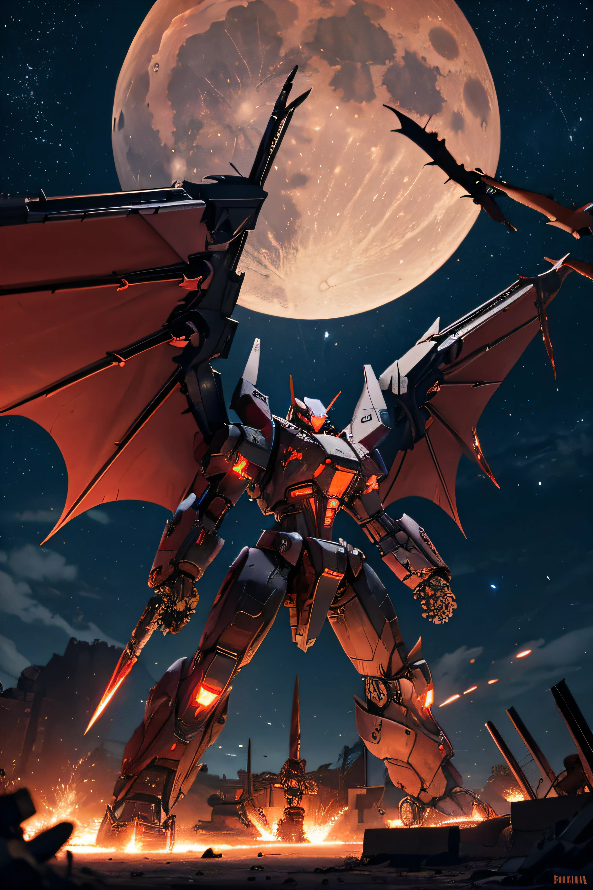 A large red mecha with black bat wings standing in a desert at night over the ruins of a flaming village.  The mecha has large black claws on its hands for weapons.  The claws extend from the fingers.  The moon is visible in the distant sky.  lots of stars and nebula