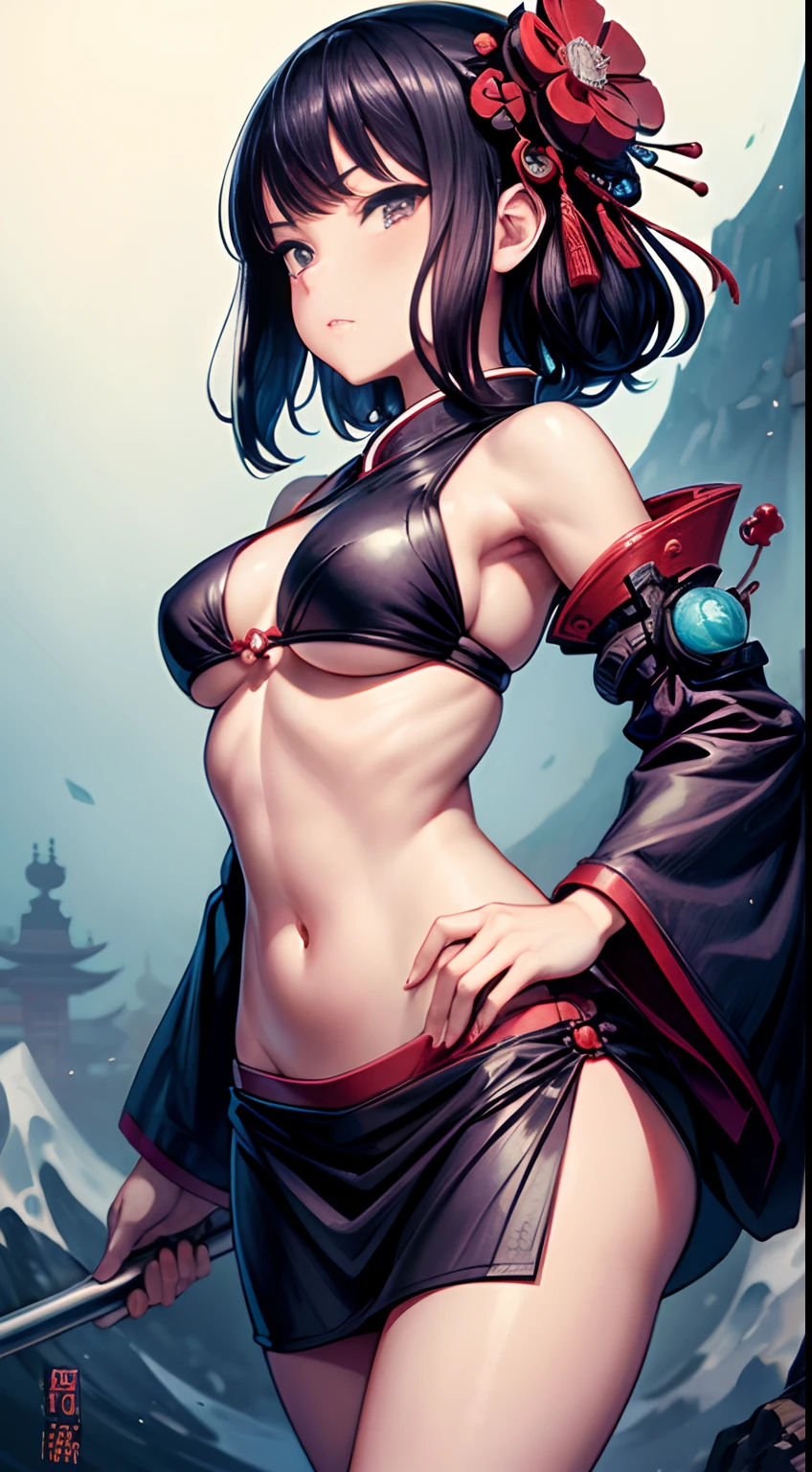 Katsushika Hokusai, Hiroshige, Kawase Hasui, katsuhiro Otomo, Mechanical, Japanese Anime, Surreal Mysterious Bizarre Fantastic Sci-fi Fantasy, Mechanics Beautiful Girl, Miniskirt, perfect sexy voluminous body, big tits big ass, very tight tiny low cut revealing clothes, Spherical Time Machine, Malfunction Under repair, Alien Guest detailed, masterpiece high resolution definition quality, depth of field, cinematic lighting