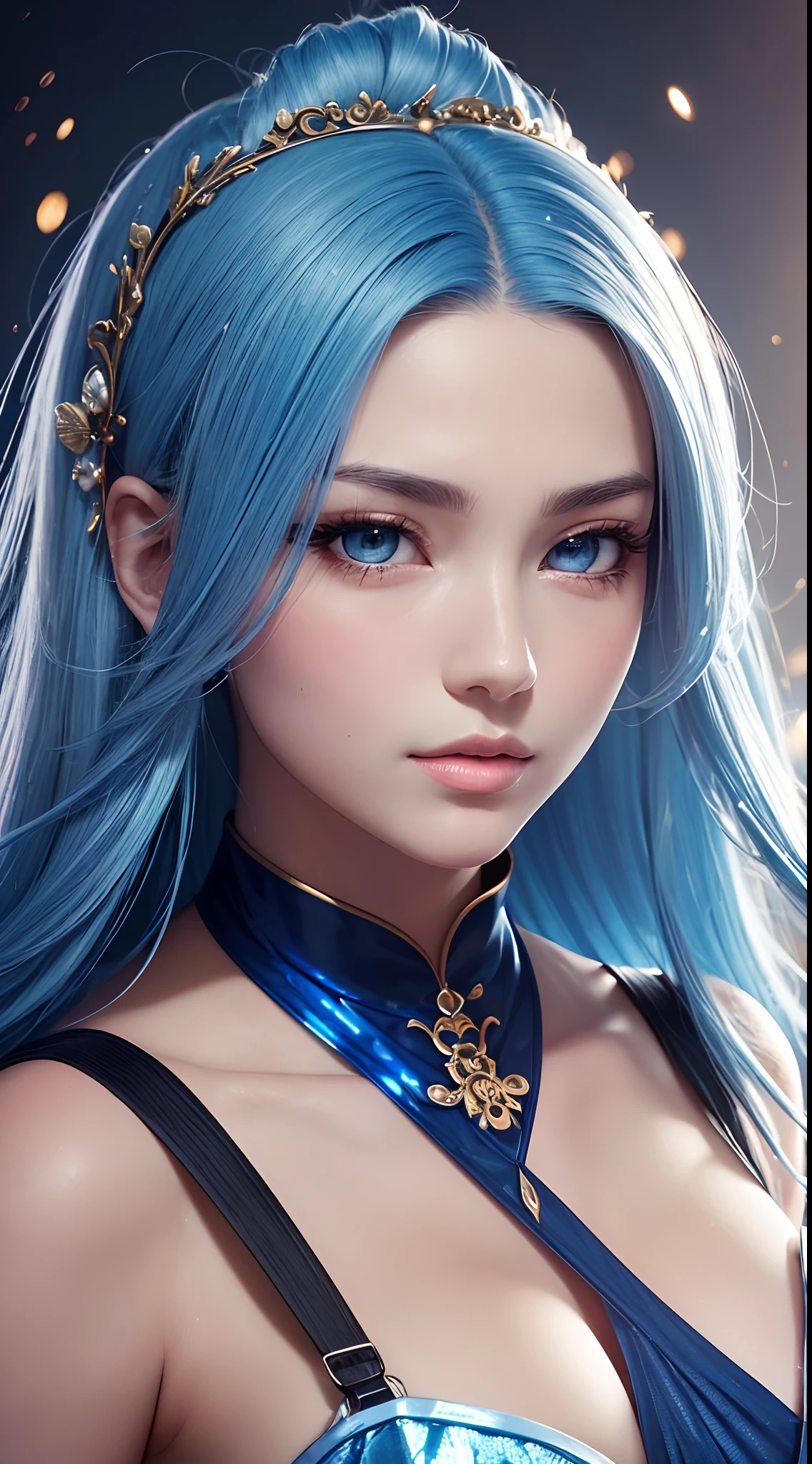 Xianxia, Ultra detailed beautiful woman, voluminous breasts, maid woman, of a 25-year-old woman, Stunningly beautiful, cold blue hair, a variety of hairstyle, cold blue eyes, Her entire head is visible with hair, very long eyelashes, cold blue dress, Stunningly beautiful face, Focus on the face, holographic, light particles, ultra detailed illustration, hit definition, Very bold and bright colors, 32K resolution, Best Quality, voluminous lighting, "beste-Qualit", "tmasterpiece",, ultra realistis, High-quality detailing