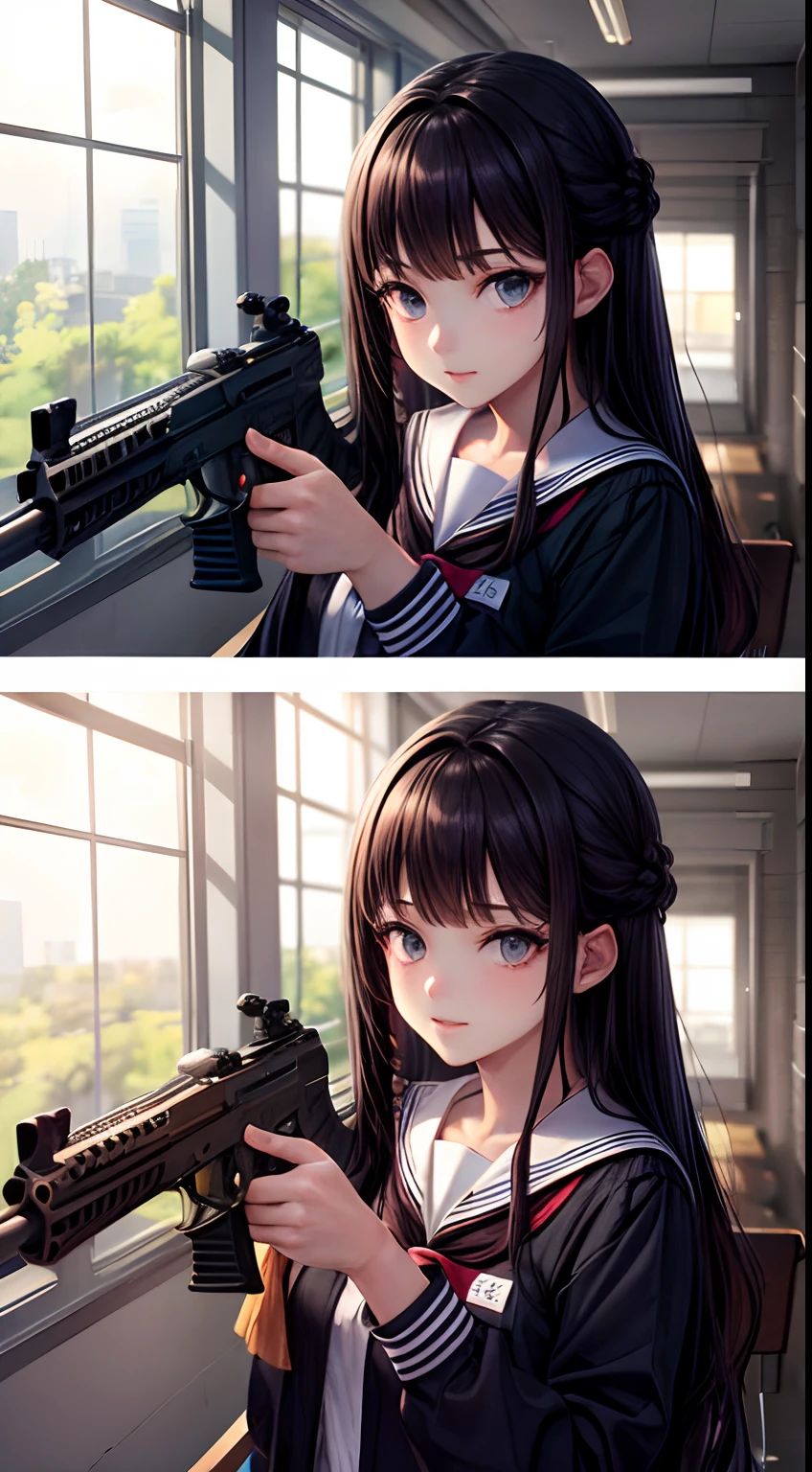 Absurd resolution, high resolution, (masterpiece: 1.4), hyperdetail, ultra detailed, 1girl, school sailor uniform, holding assault rifle, school background
