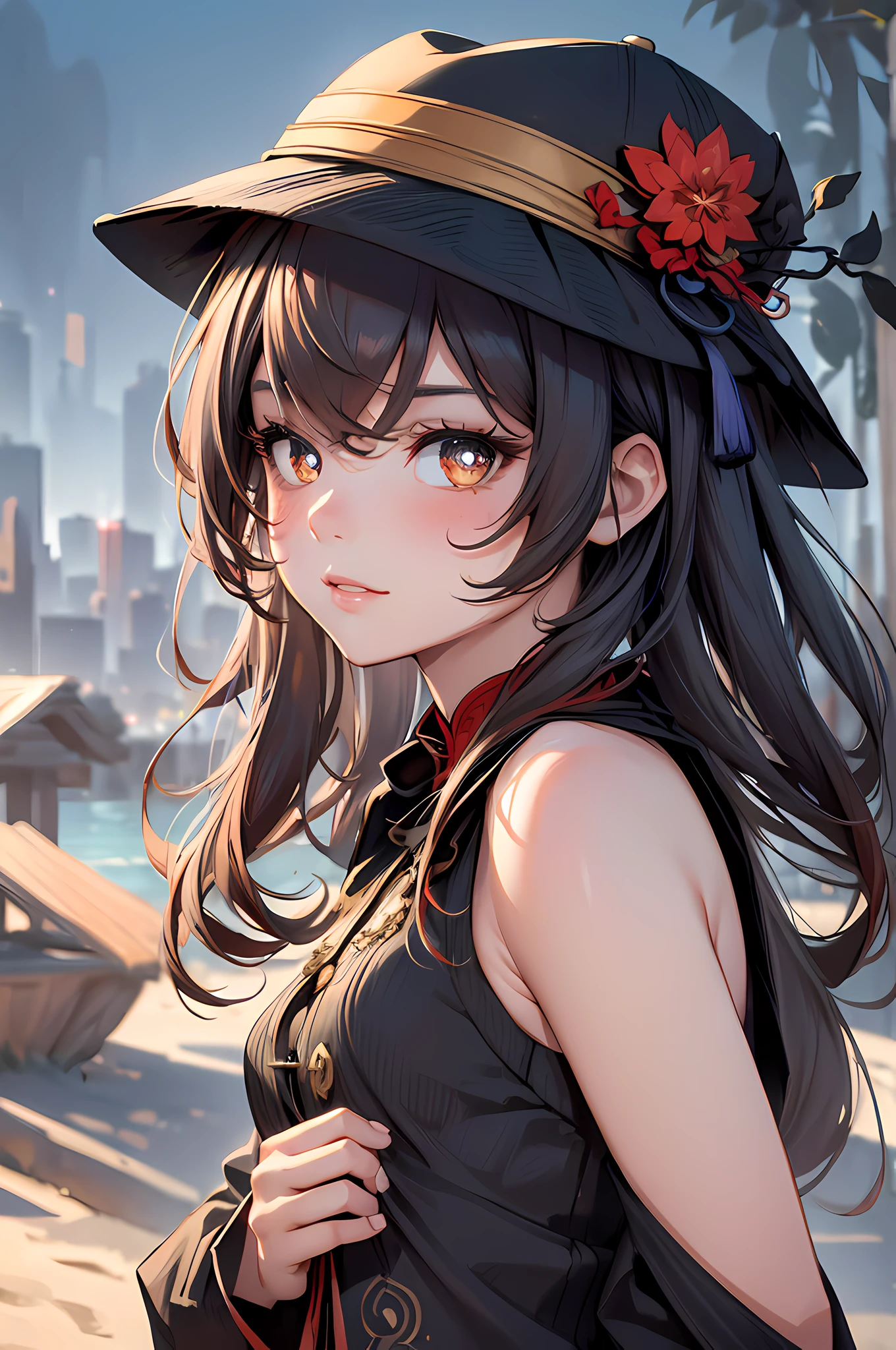 (best quality:1.1), (masterpiece:1.2), 1girl, high quality shadow, ((beautiful detailed)), (high detailed skin, skin details), (wide landscape, 8k), beautiful face, (detailed eyes), depth of field, dramatic light, best quality, highres, ((best shadow)), hu tao(genshin impact), boo tao, symbol shaped pupils, hat, smile, blush