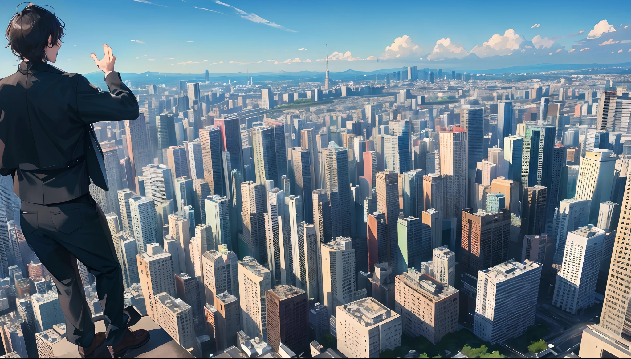 A man standing on top of the building, back view, top view, tokyo City, morning time, close view,